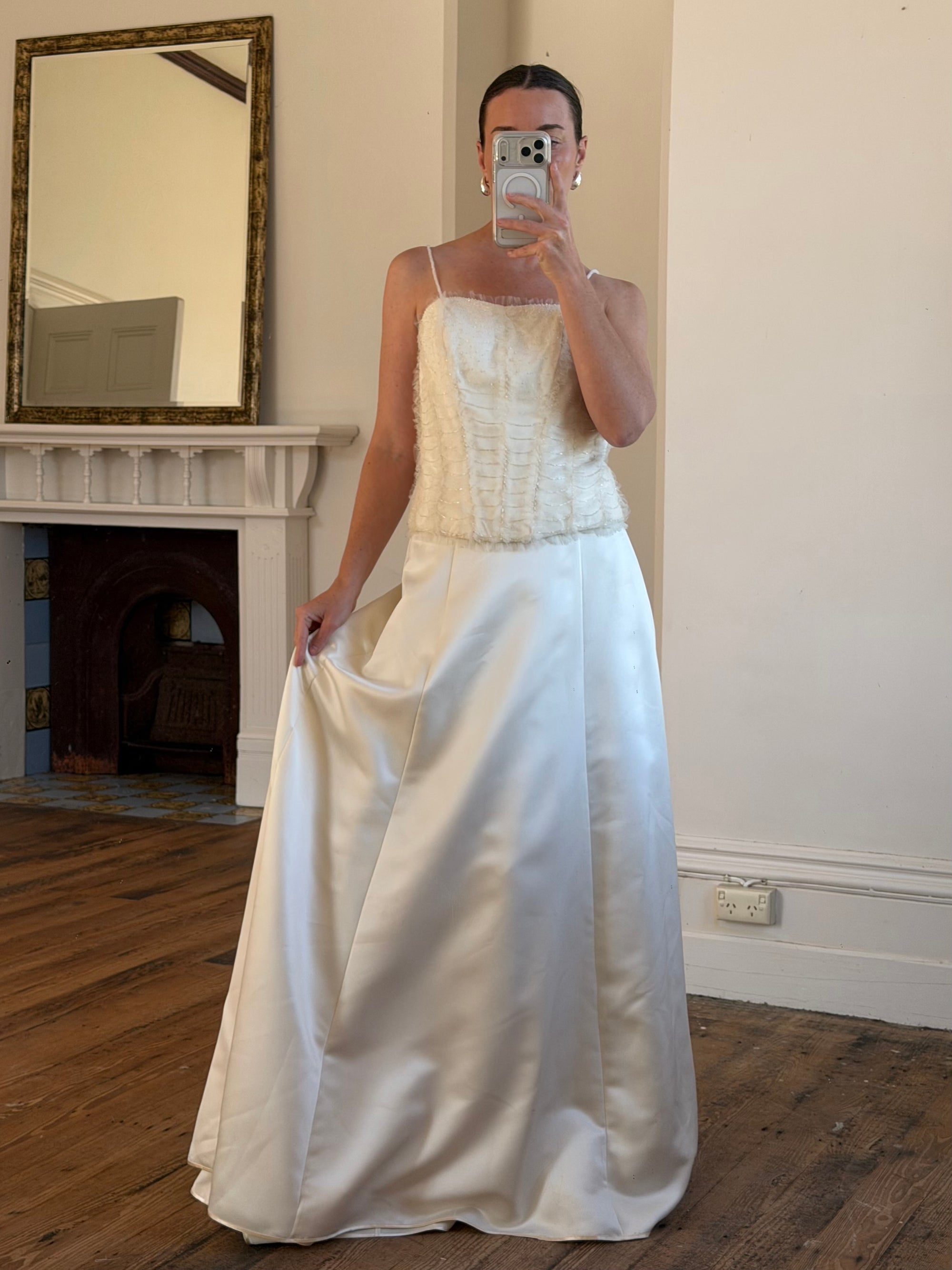 Vintage 90s Italian Bridal Fairy Tulle Embroidered Bustier and Satin Skirt