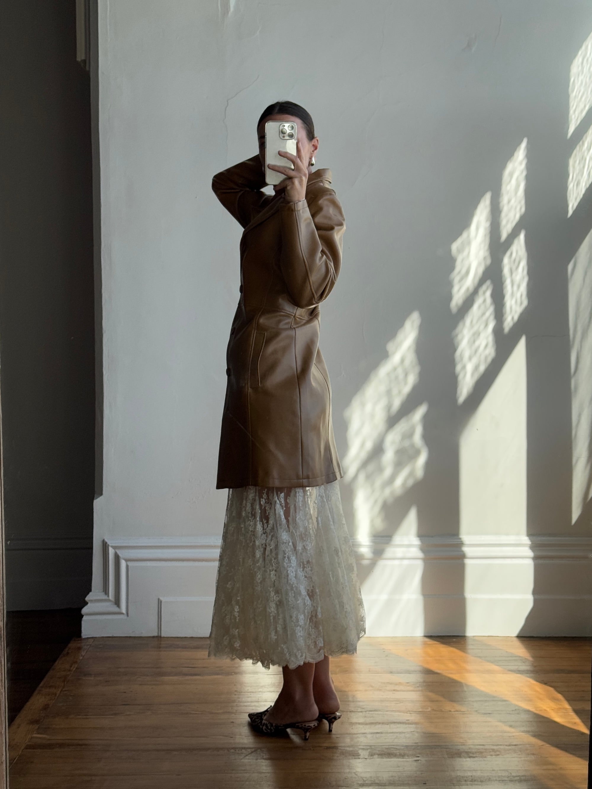 Vintage Y2K Tan Faux Leather Trench Coat