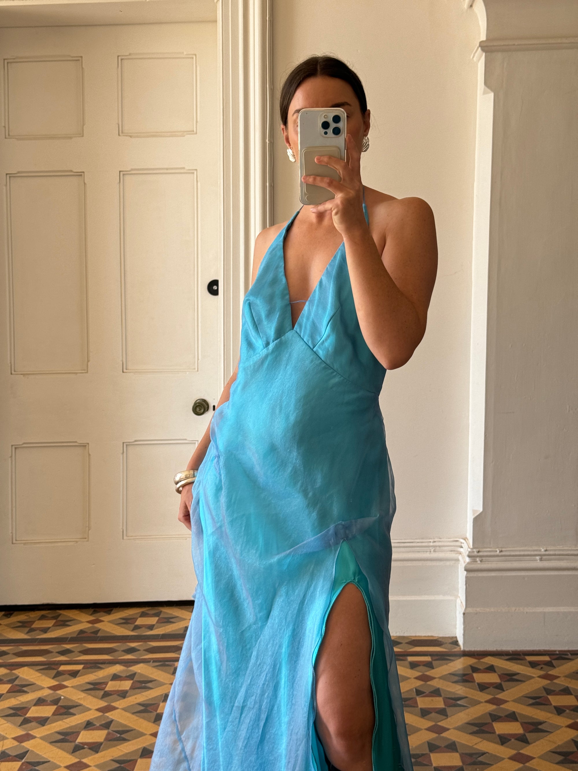 Vintage 90s Aquamarine Bias Cut Halter