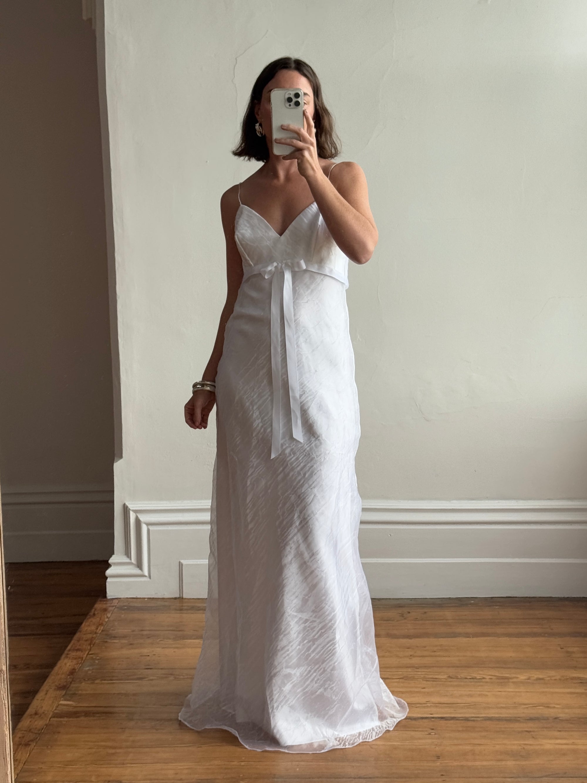 Vintage 90s Crinkle Organza Slip Wedding Dress with Bow White