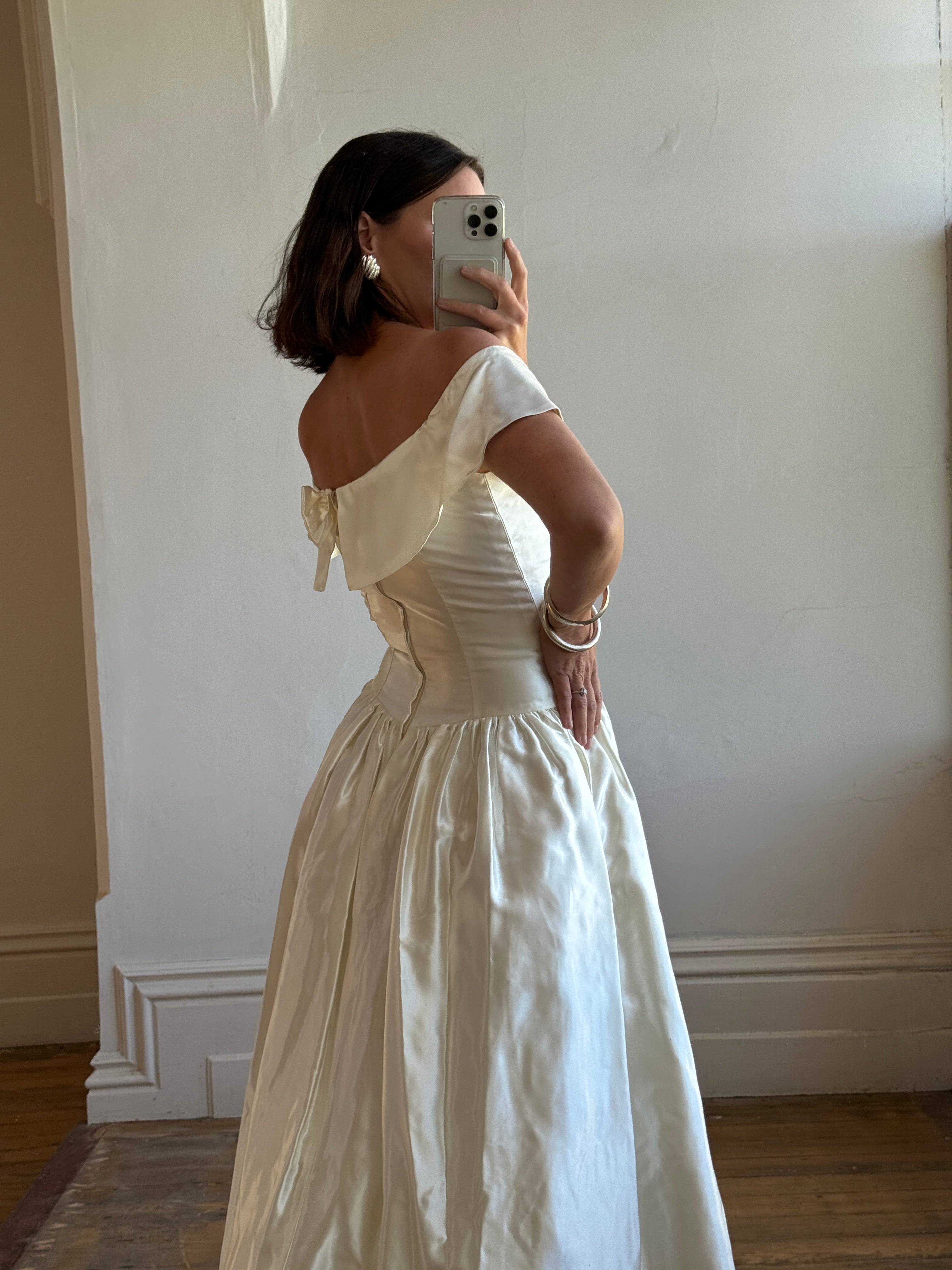 Vintage 80s Satin Tea Length Wedding Dress