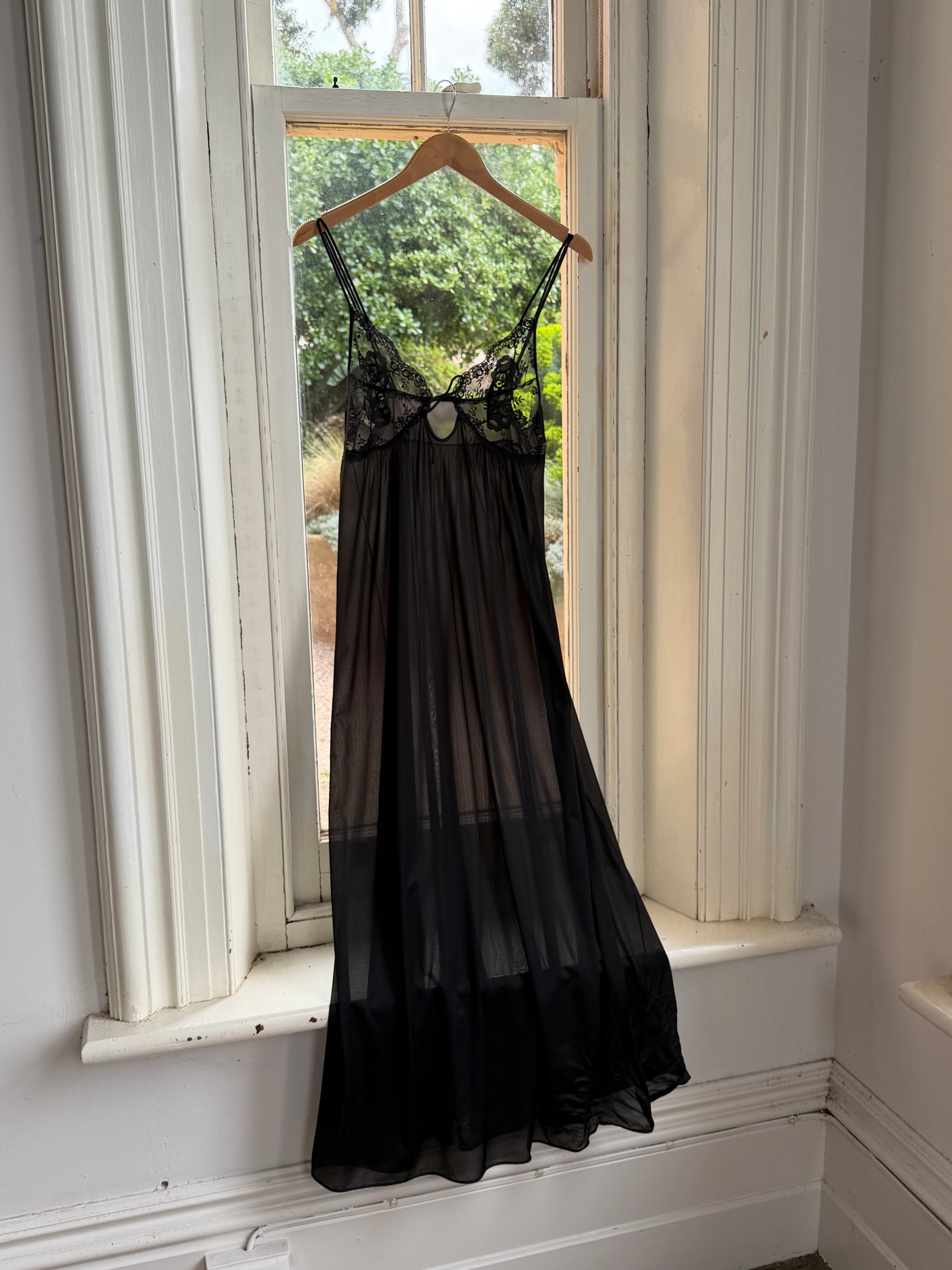 Vintage 80s Sheer Lace Slip Dress Noir