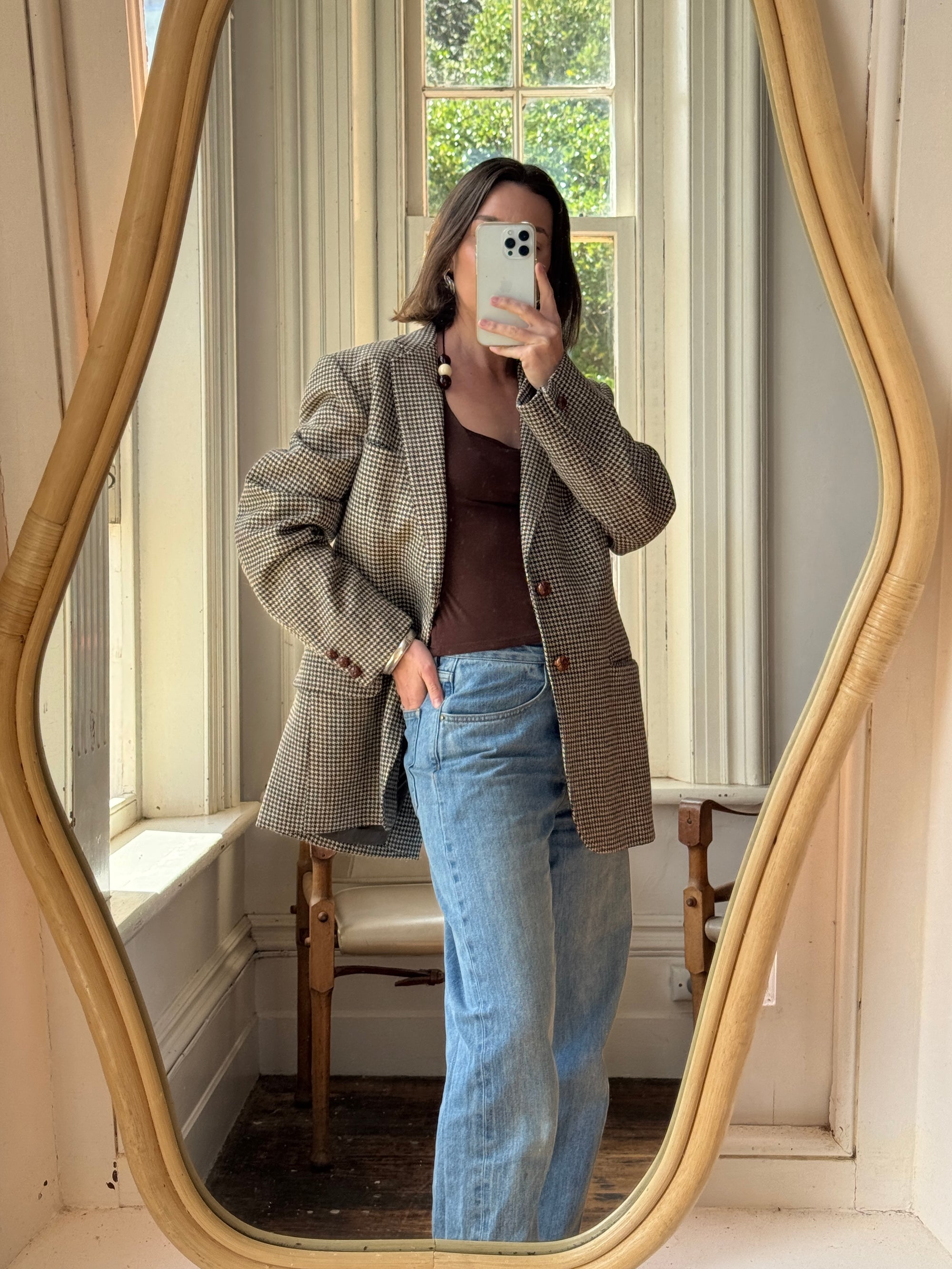 Vintage 60s Wool Blend Brown Herringbone Blazer