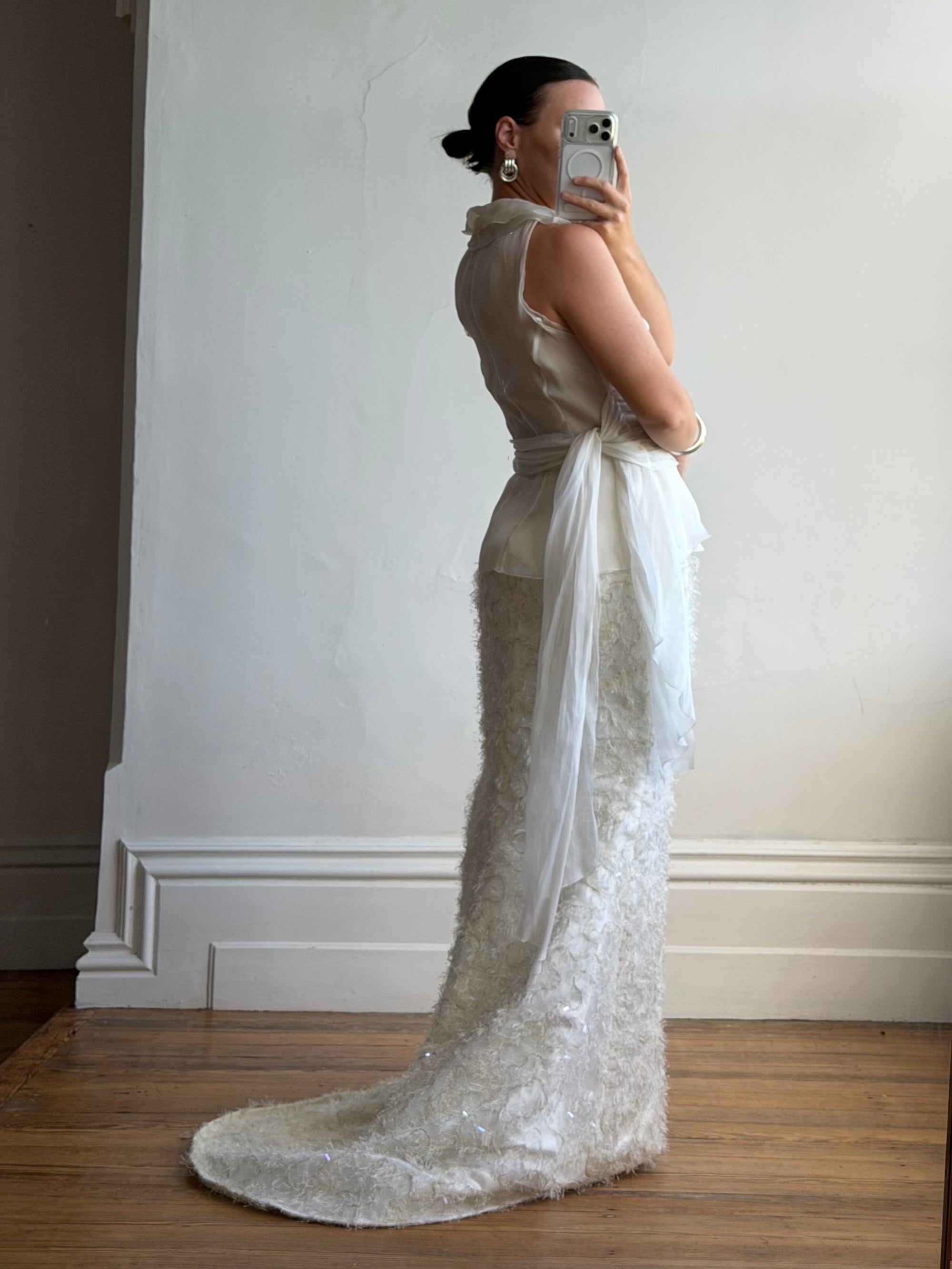 Vintage 90s Italian Organza Tie Top and Feather Skirt Bridal Set