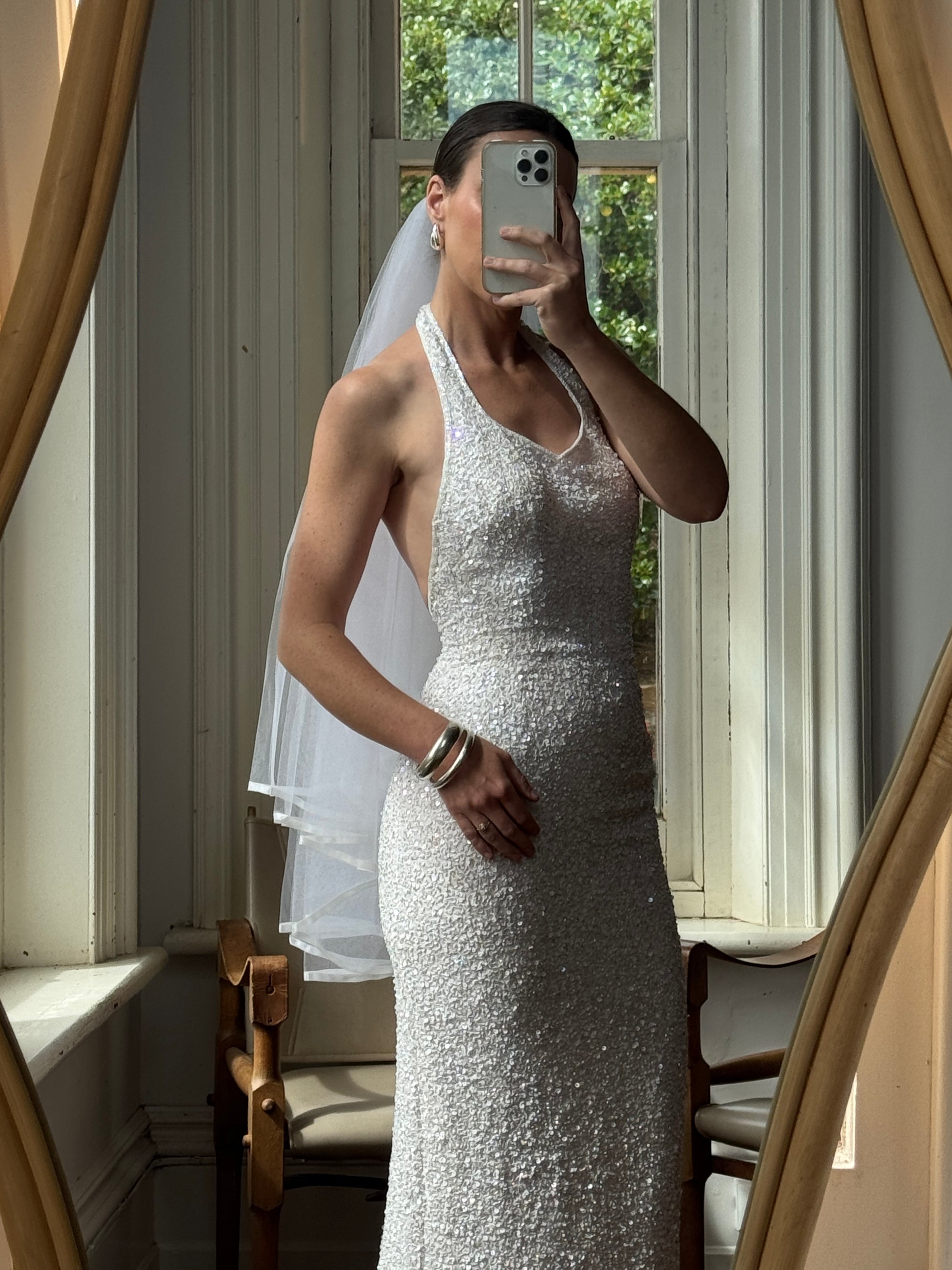 Vintage 90s Sequin Embellished Halter Bodycon Midi Dress White