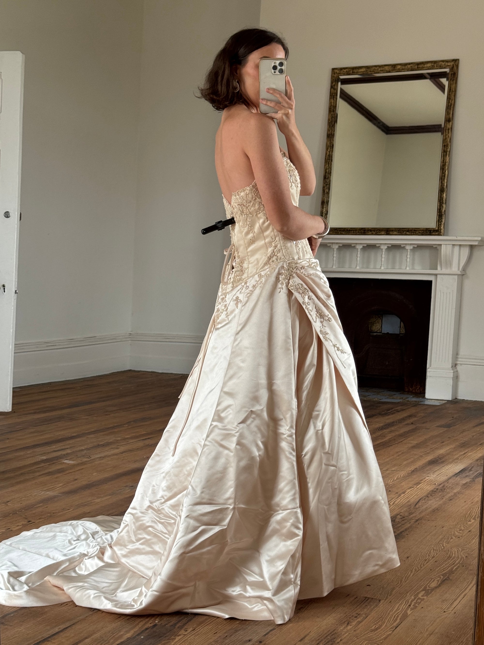 Vintage 90s Rose Crystal Encrusted Strapless Wedding Gown