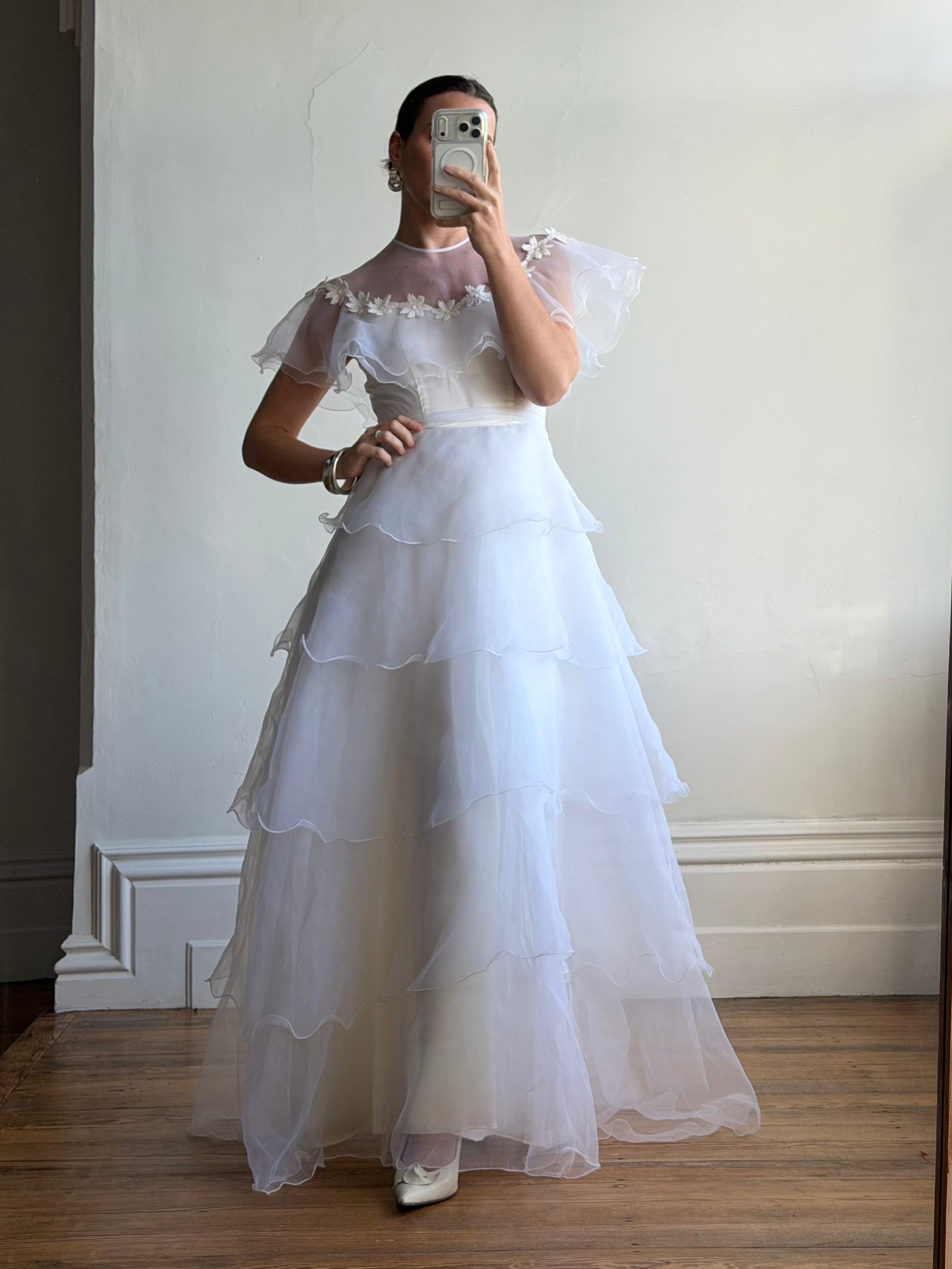 Vintage 70s Tiered Organza Prairie Daisy Wedding Dress