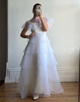 Vintage 70s Tiered Organza Prairie Daisy Wedding Dress