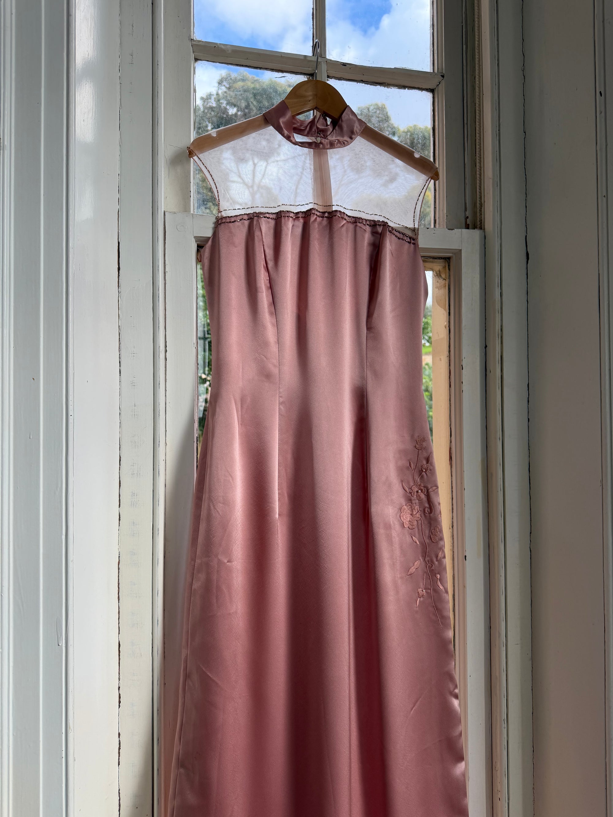 Vintage 90s Dusty Rose Satin High Neck Dress