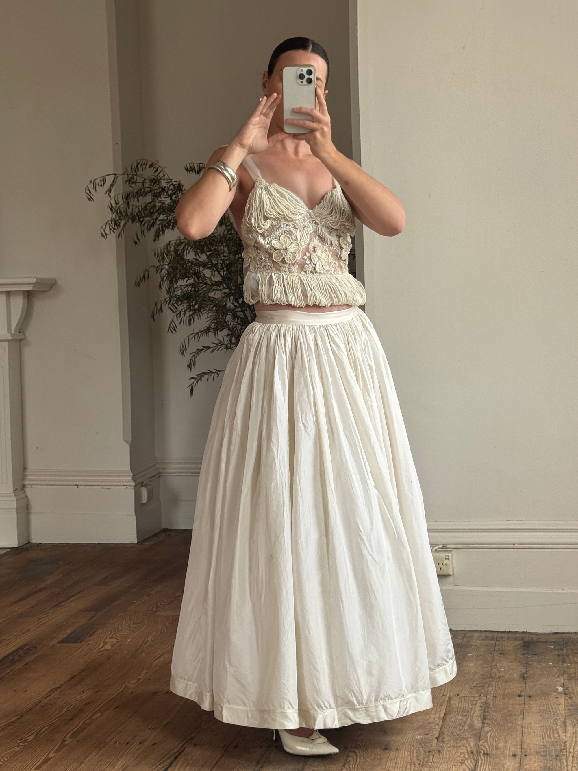 Vintage 90s Two Piece Tulle Beaded Top and Princess Silk Satin Skirt
