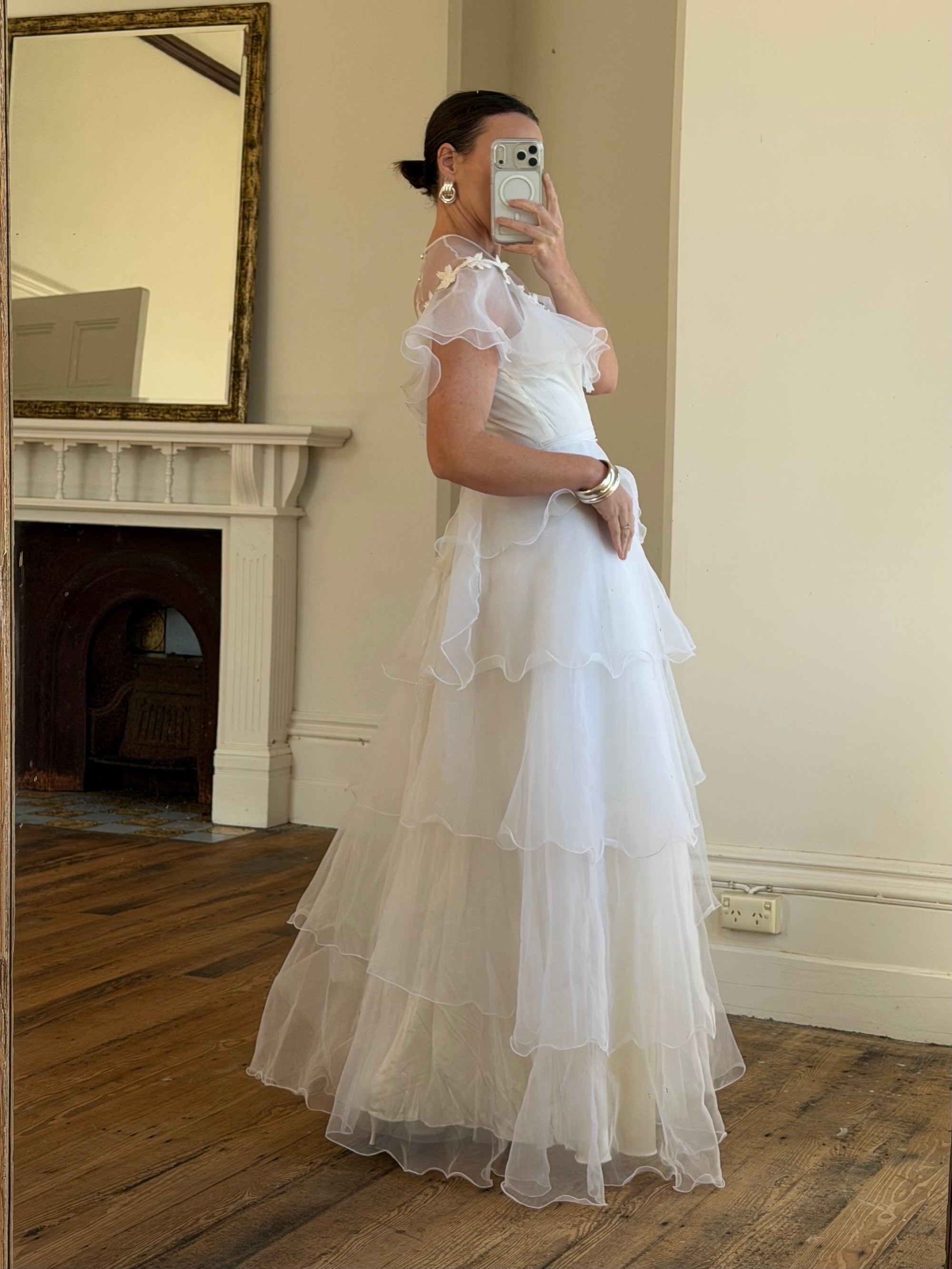 Vintage 70s Tiered Organza Prairie Daisy Wedding Dress