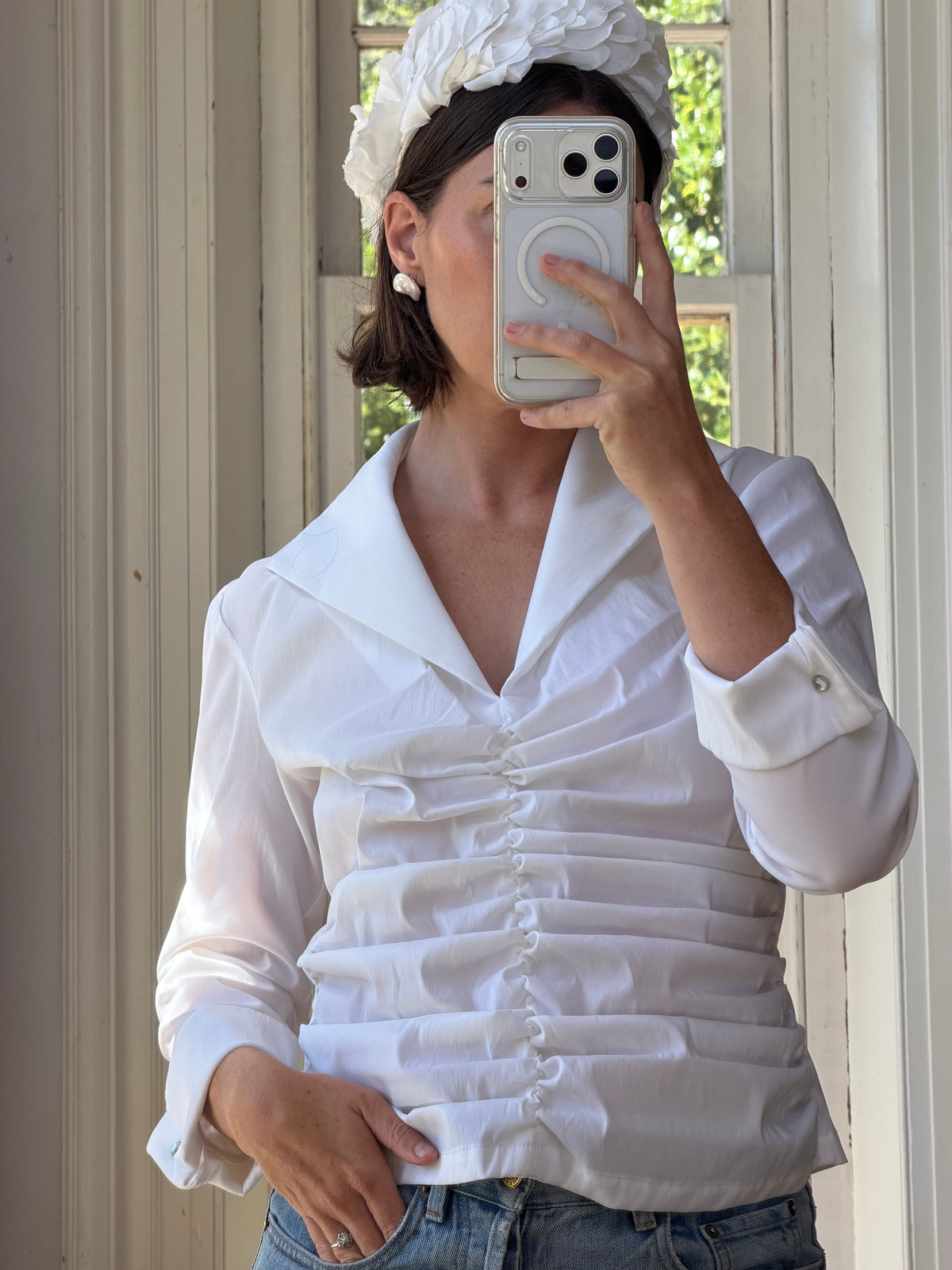 Vintage 90s Structured Collar Gathered Blouse Crisp White