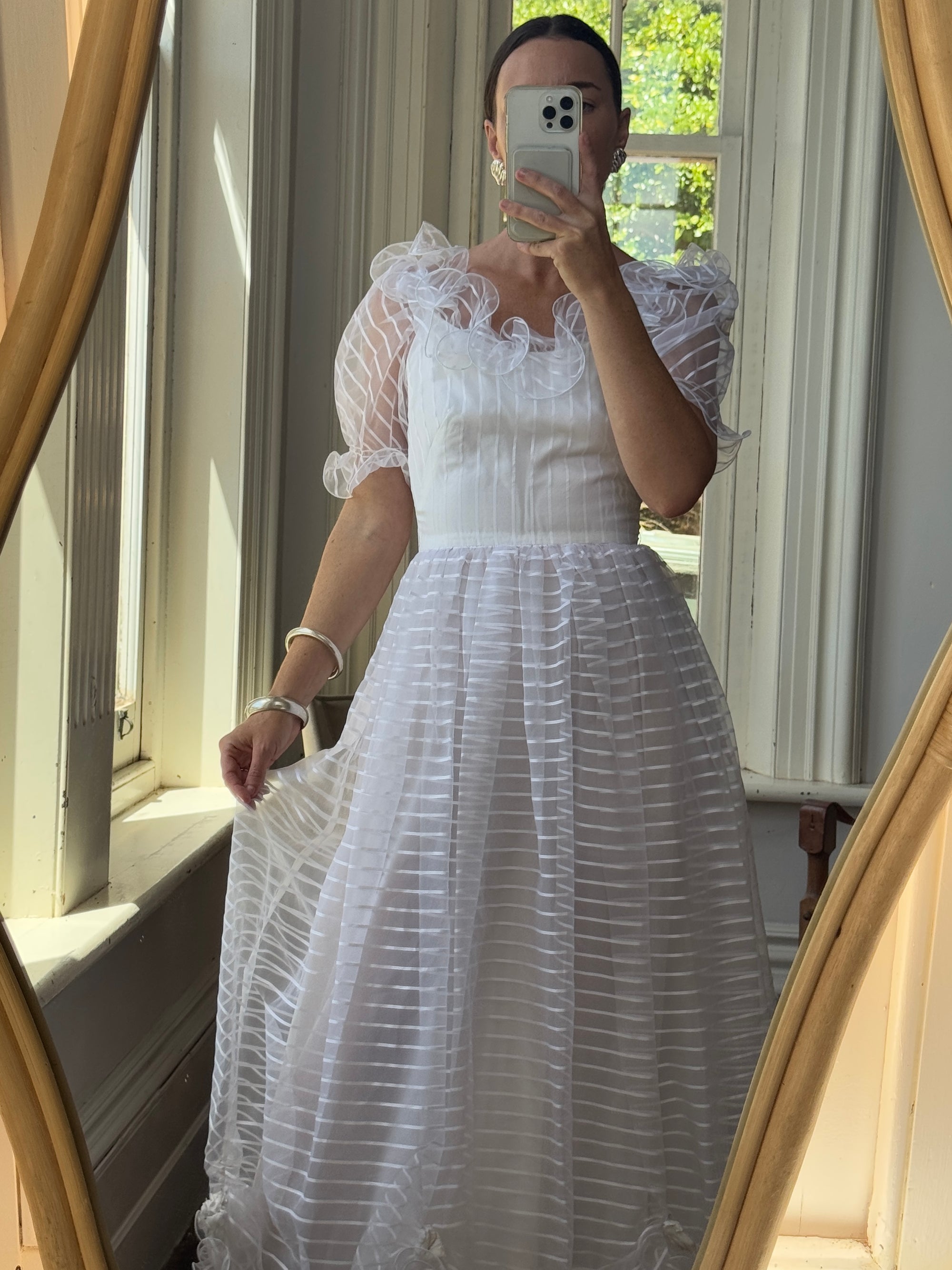 Vintage 70s Organza Sheer Stripe Wedding Dress