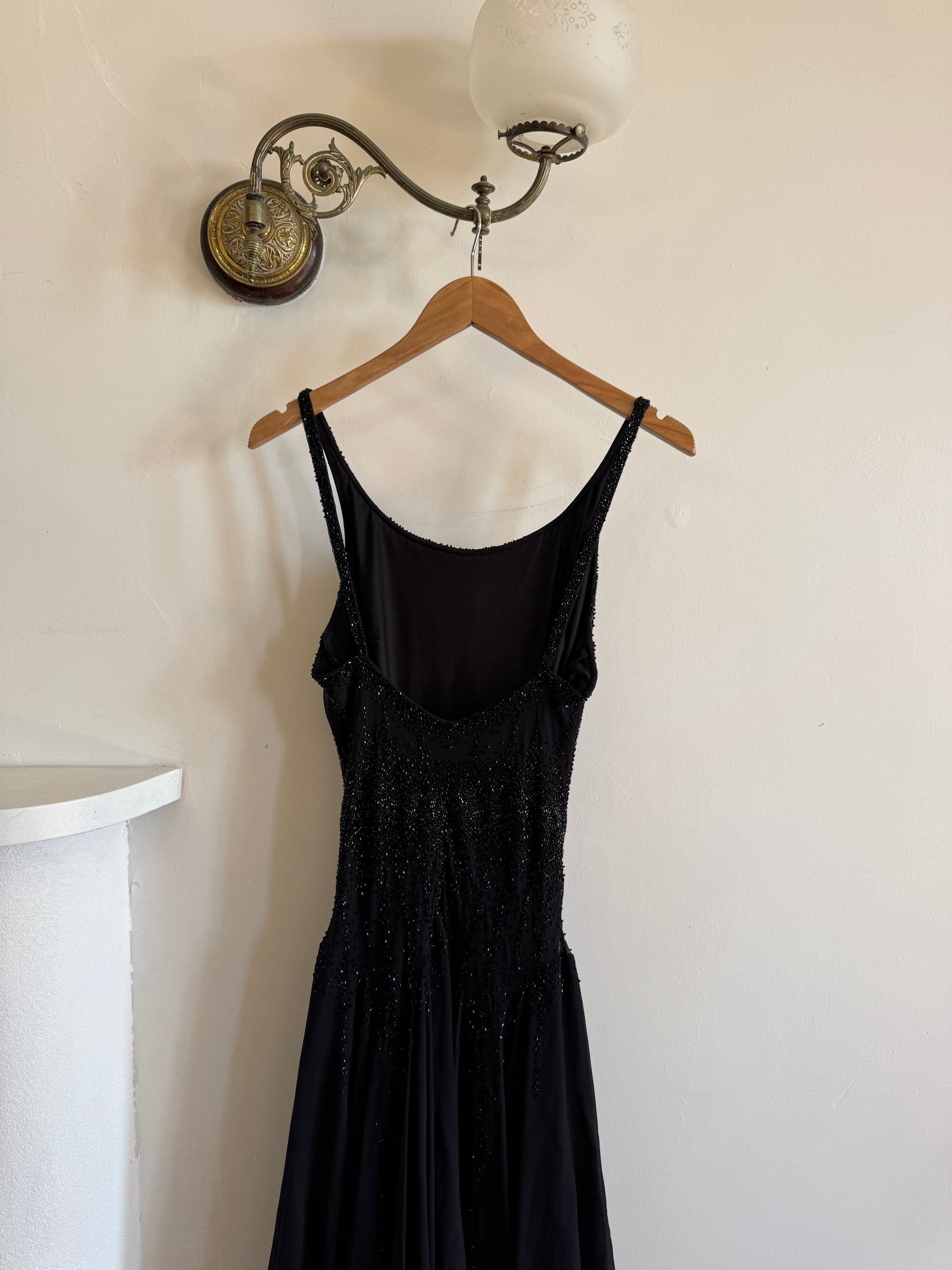 Vintage 90s Pure Silk Backless Beaded Fairy Dress Noir