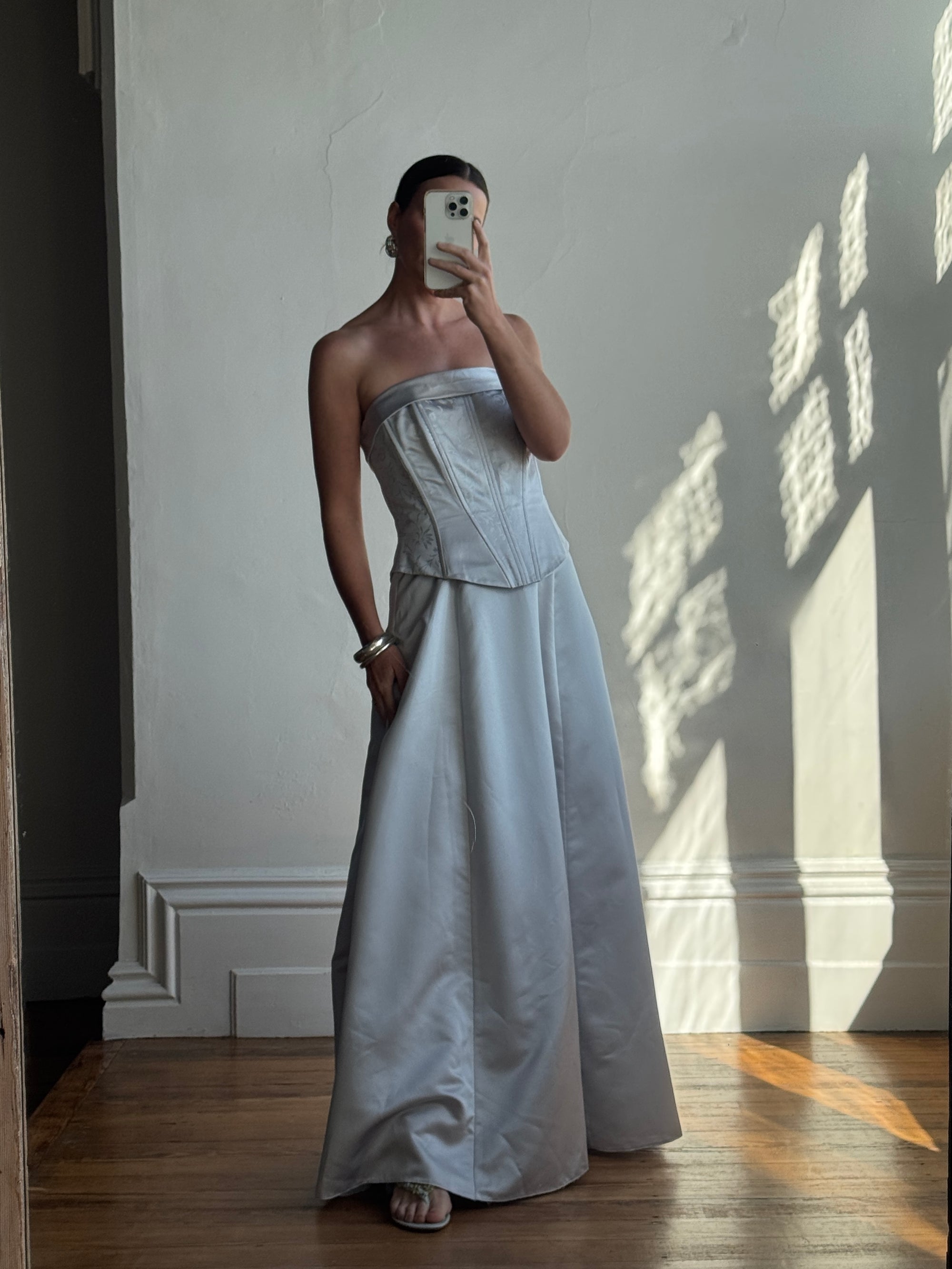 Vintage 90s Jacquard Corset Satin Dress Ice Blue