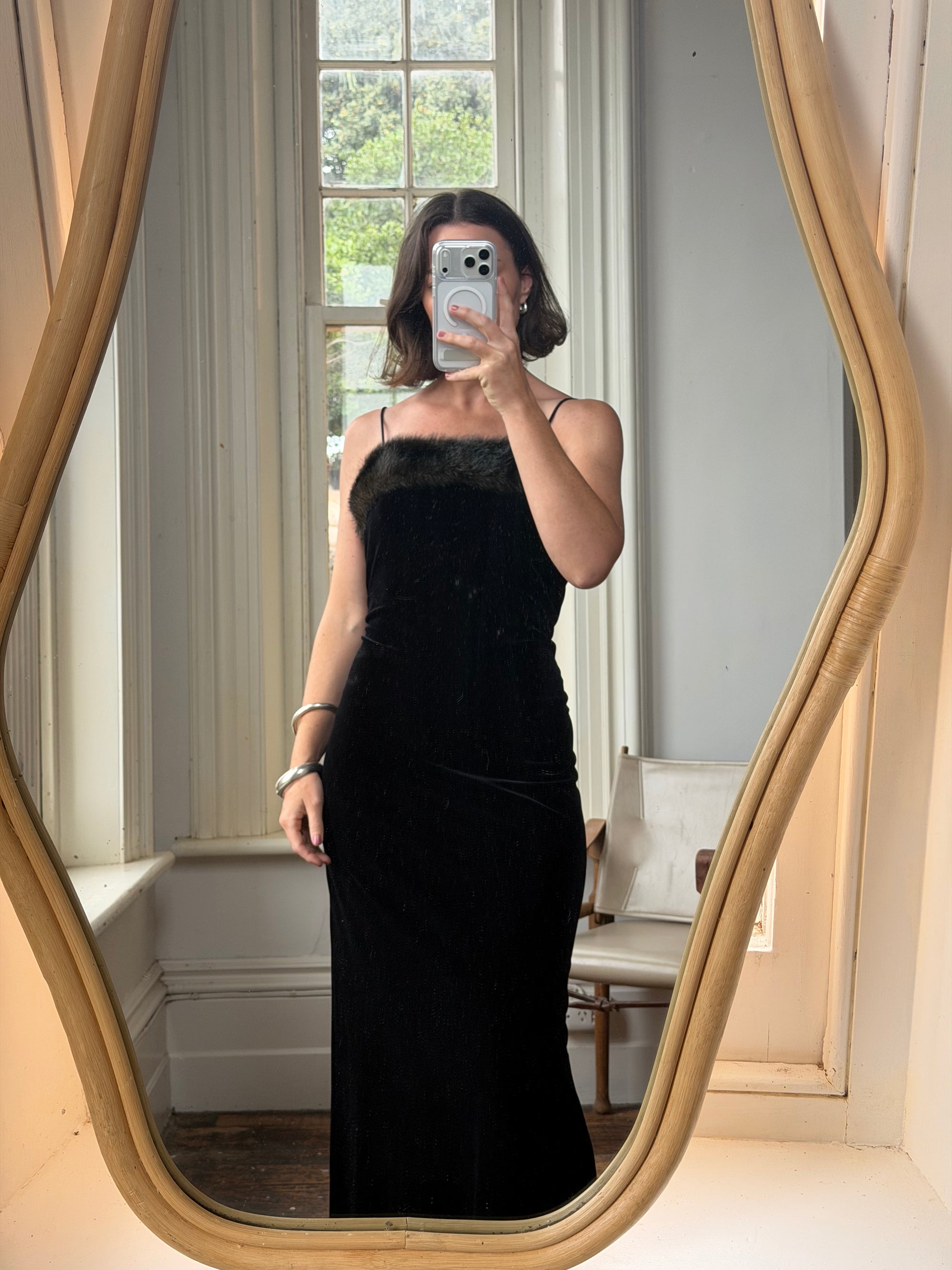 Vintage 90s Velvet Bodycon Maxi Dress with Fur Trim