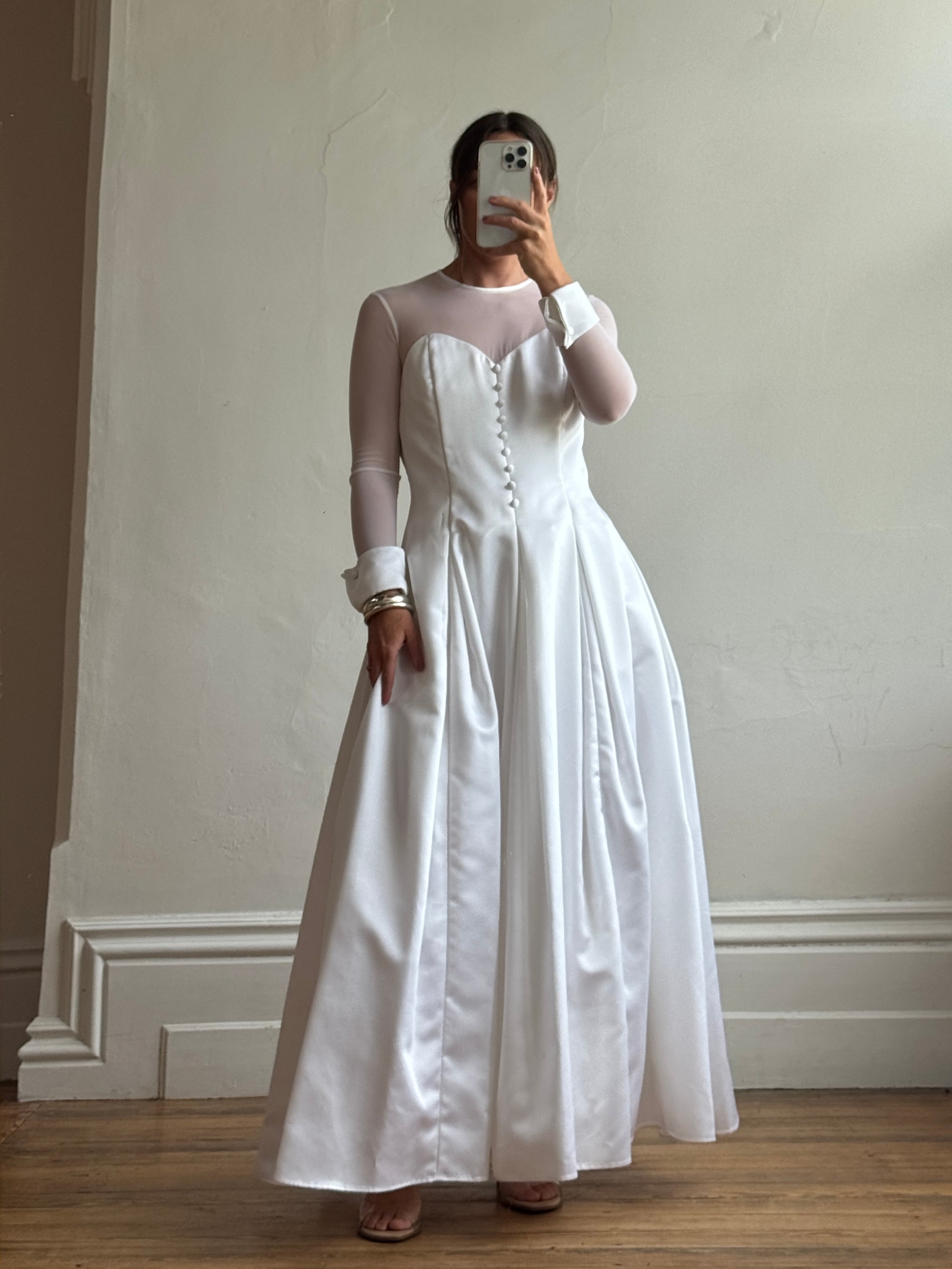 Vintage 90s Tailored Mesh Long Sleeved Wedding Gown