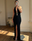Vintage 90s Low Jersey Evening Dress Rhinestone Snake Noir