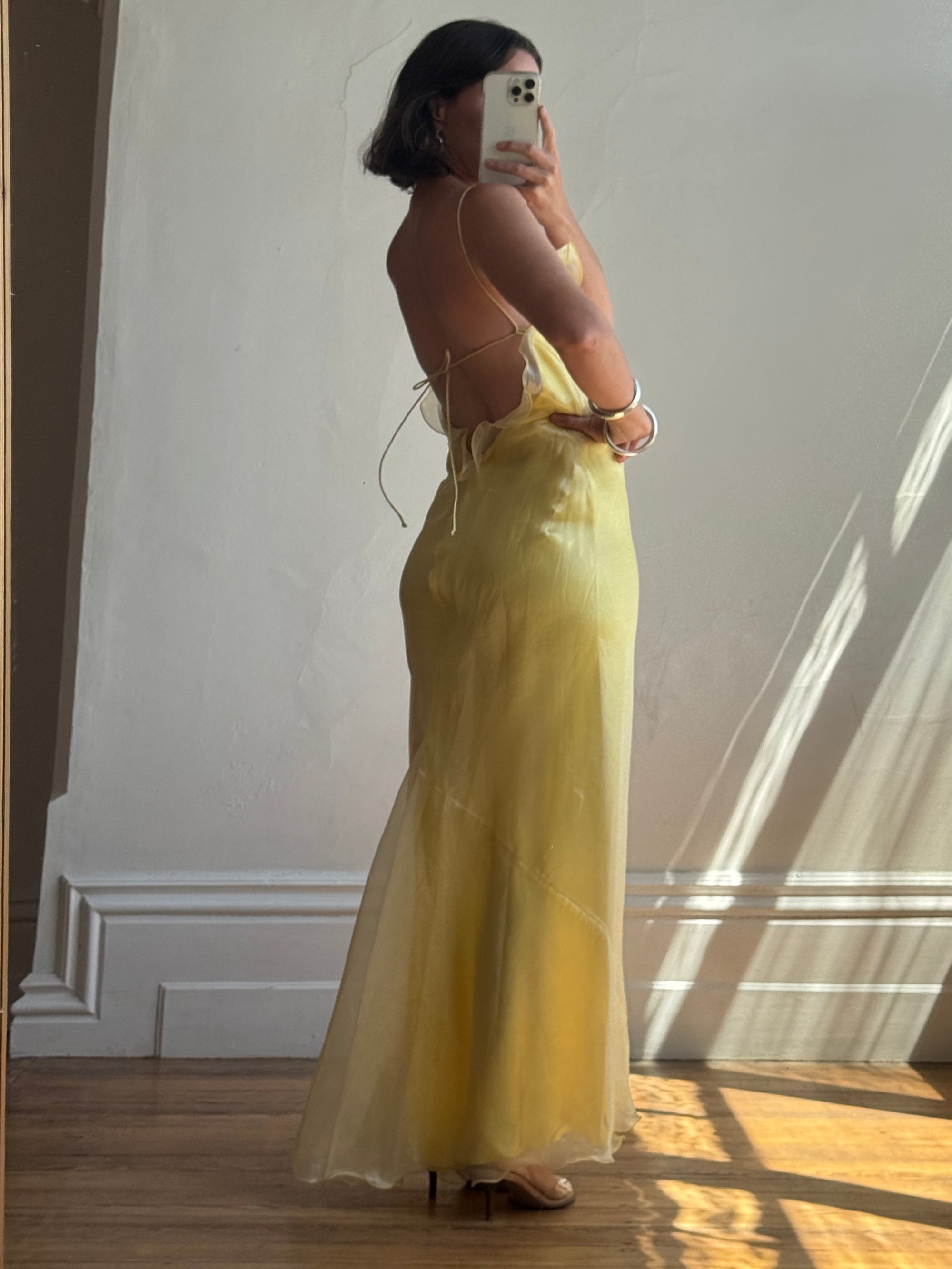 Vintage 90s Organza Yellow Ruffle Prom Slip Dress