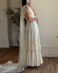 Vintage 70s Creme Tiered Lace Wedding Dress with Pleats
