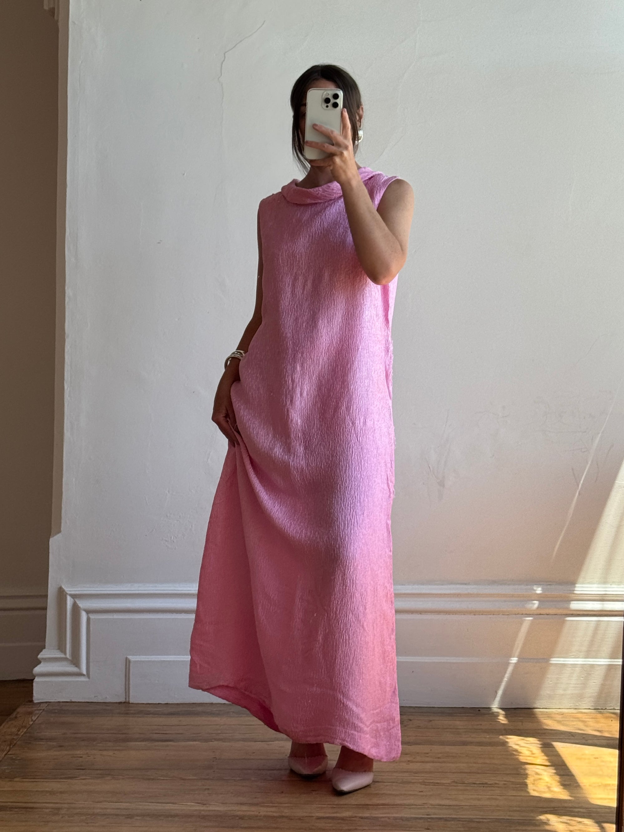 Vintage 80s Boat Neck Crinkle Dress Hot Pink