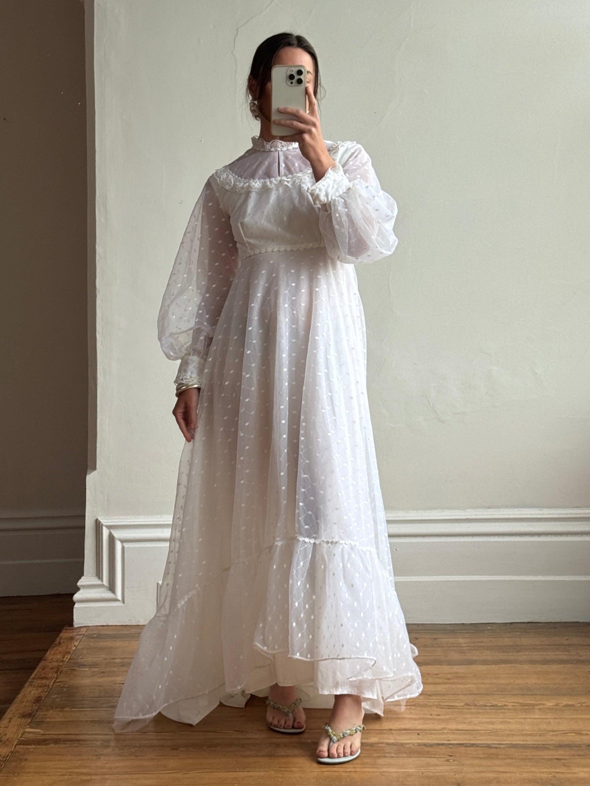 Vintage 70s Swiss Dot Prairie Wedding Dress