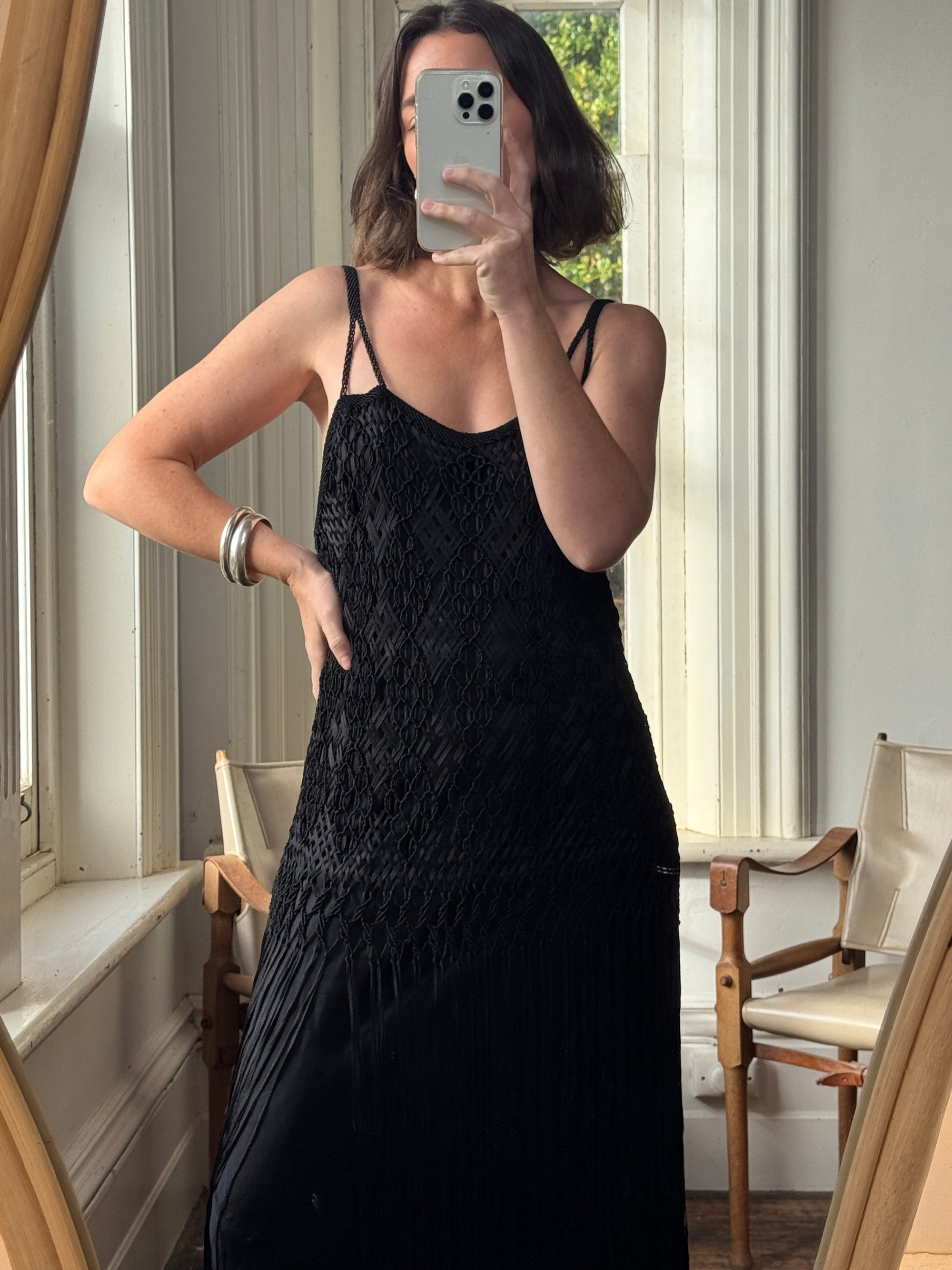 Vintage 90s Silk Crochet Tassel Midi Noir