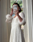 Vintage 90s Italian Velvet Long Sleeve Feather Wedding Gown