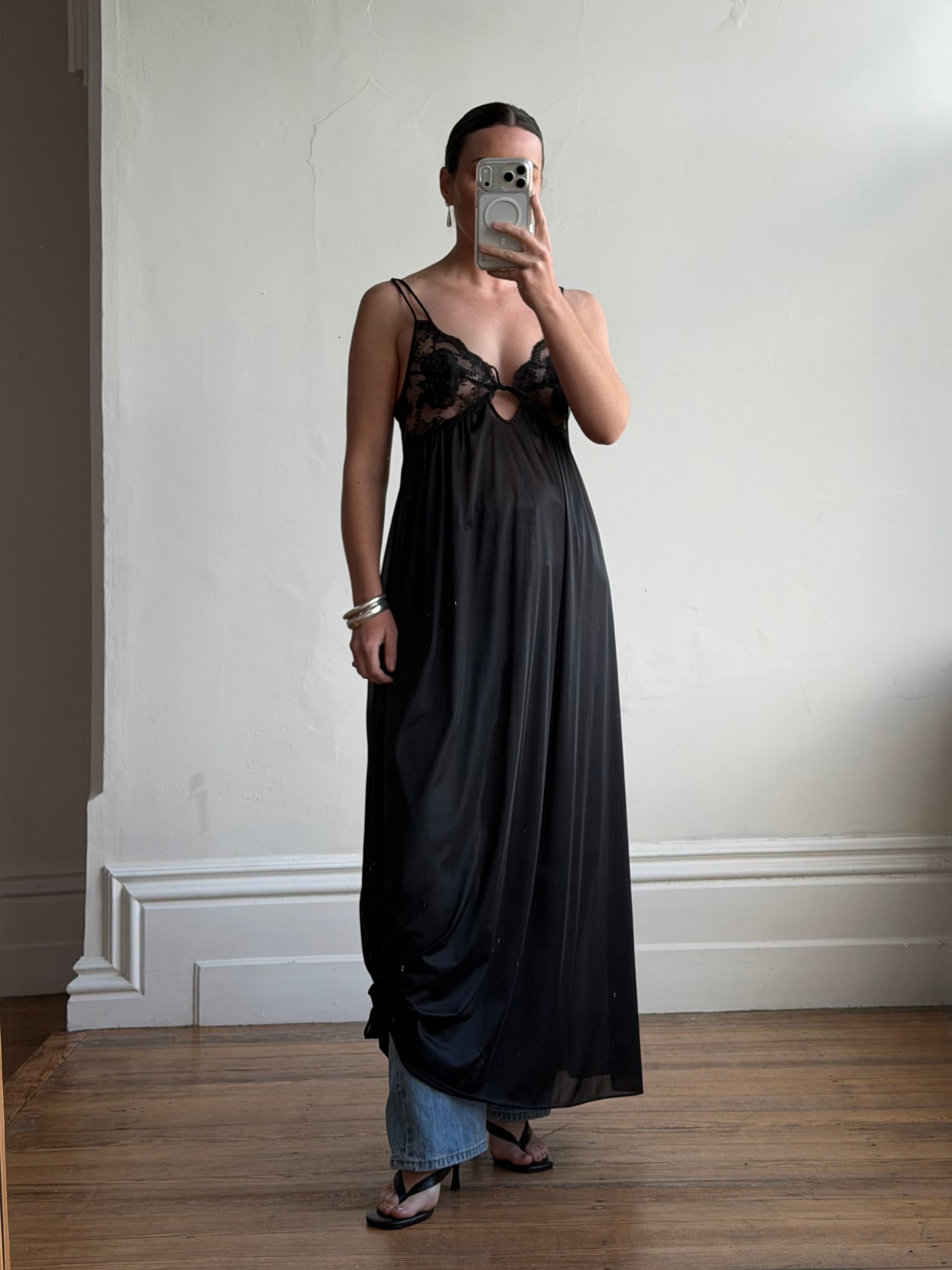 Vintage 80s Sheer Lace Slip Dress Noir