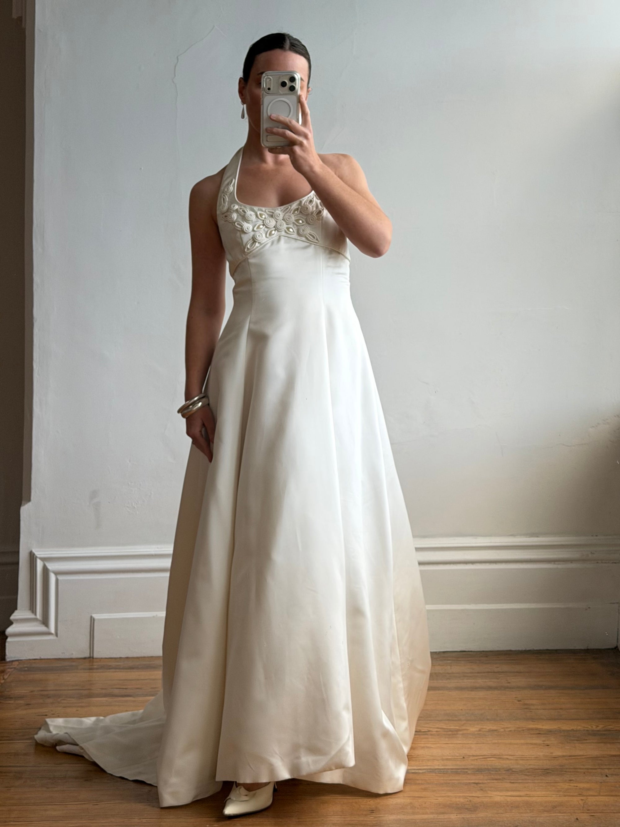 Vintage 90s Ivory Beaded Halter Bridal Ballgown