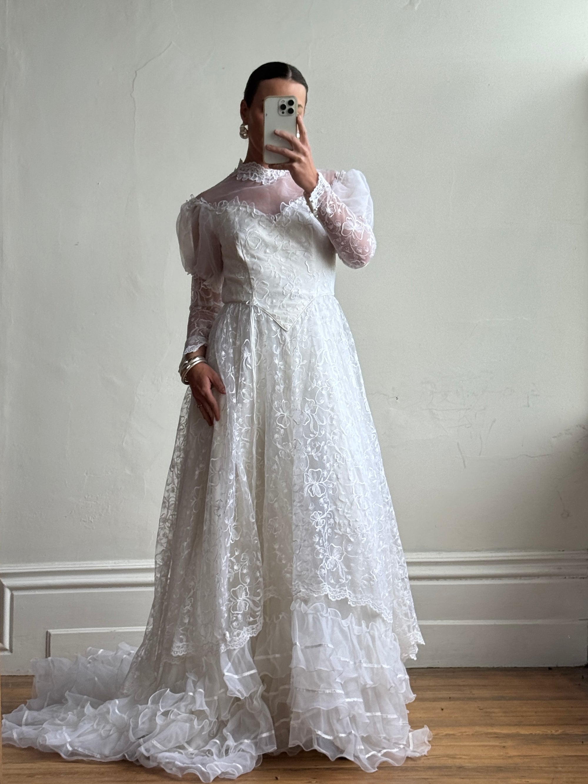 Vintage 70s Puff Sleeve Organza Ruffle Wedding Gown