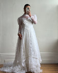 Vintage 70s Puff Sleeve Organza Ruffle Wedding Gown