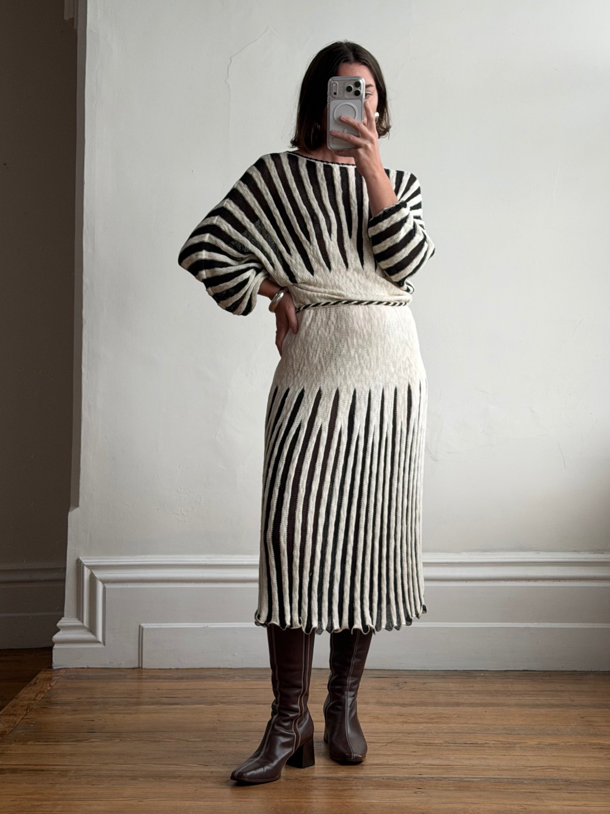 Vintage 70s Knit Batwing Midi Dress Black and Cream