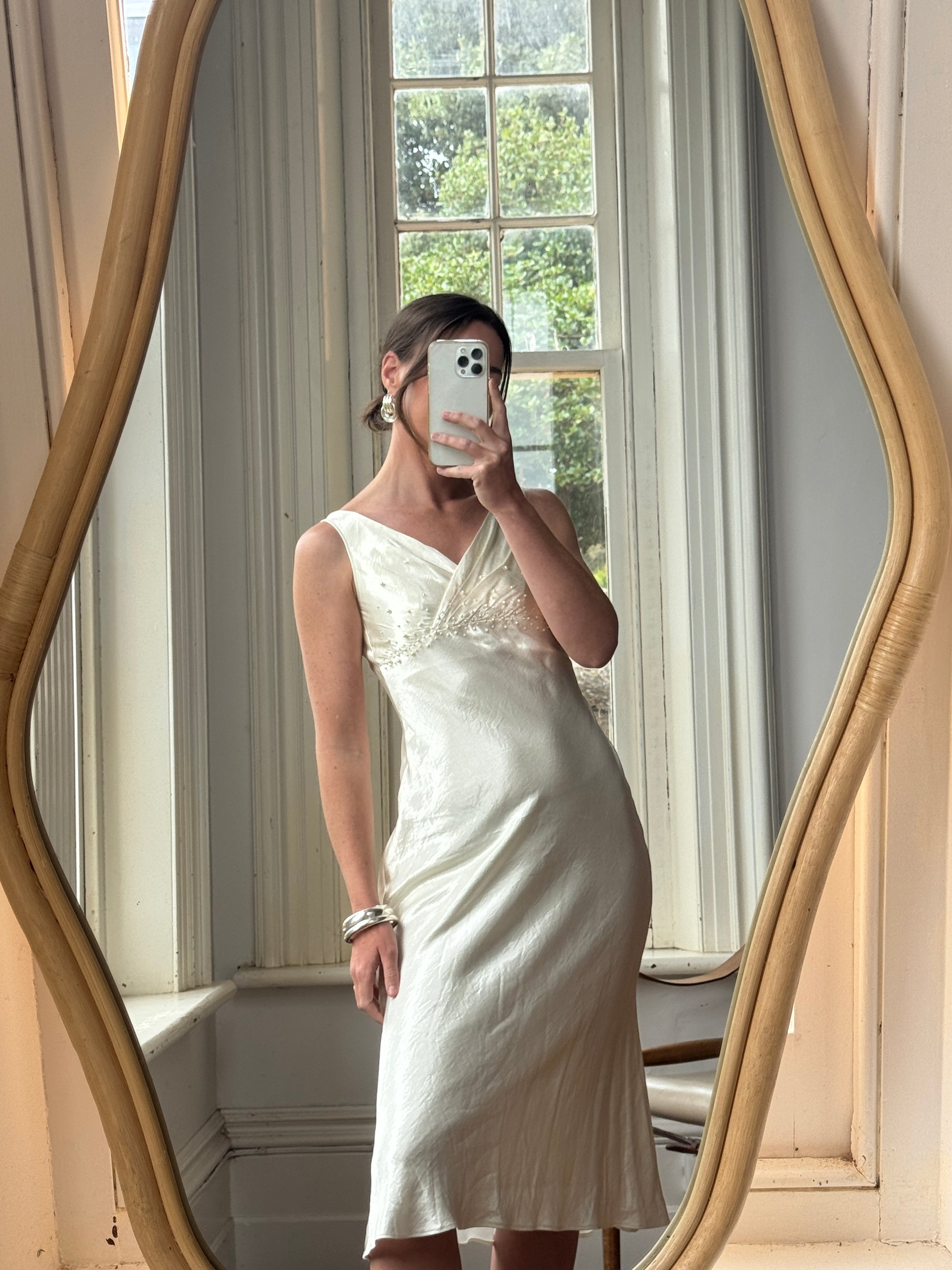 Vintage 90s Pearl Satin Bias Bridal Slip