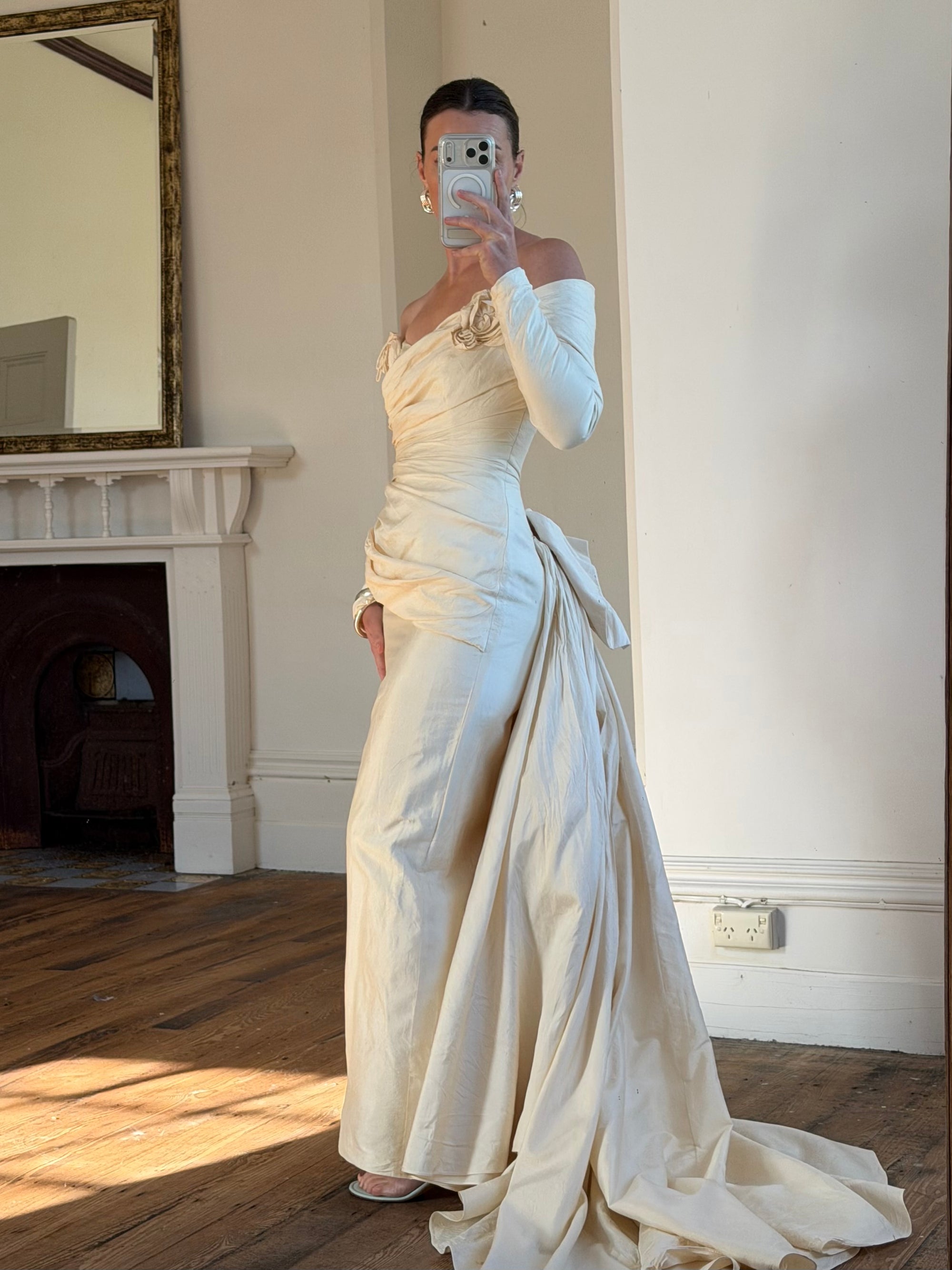 Vintage 90s Silk Rosette Off Shoulder Gown With Bow Train
