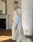 Vintage 90s Silk Rosette Off Shoulder Gown With Bow Train