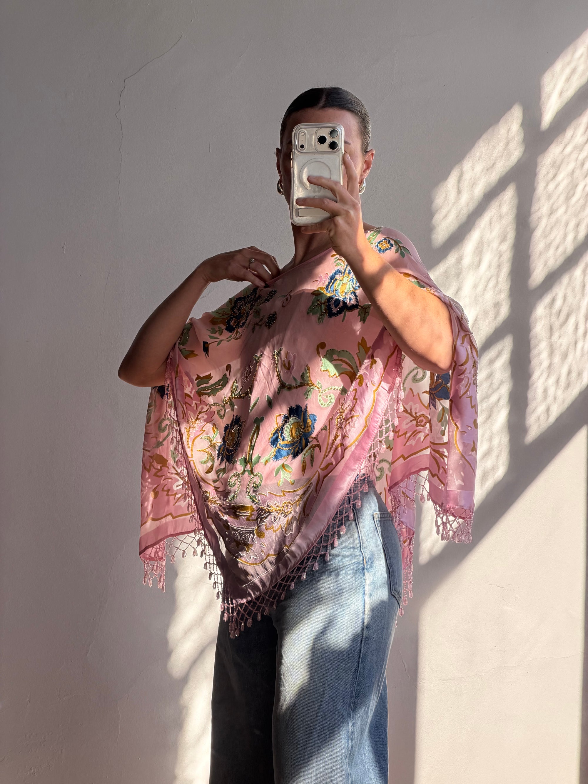 Vintage 90s Pink Floral Beaded Fringe Poncho