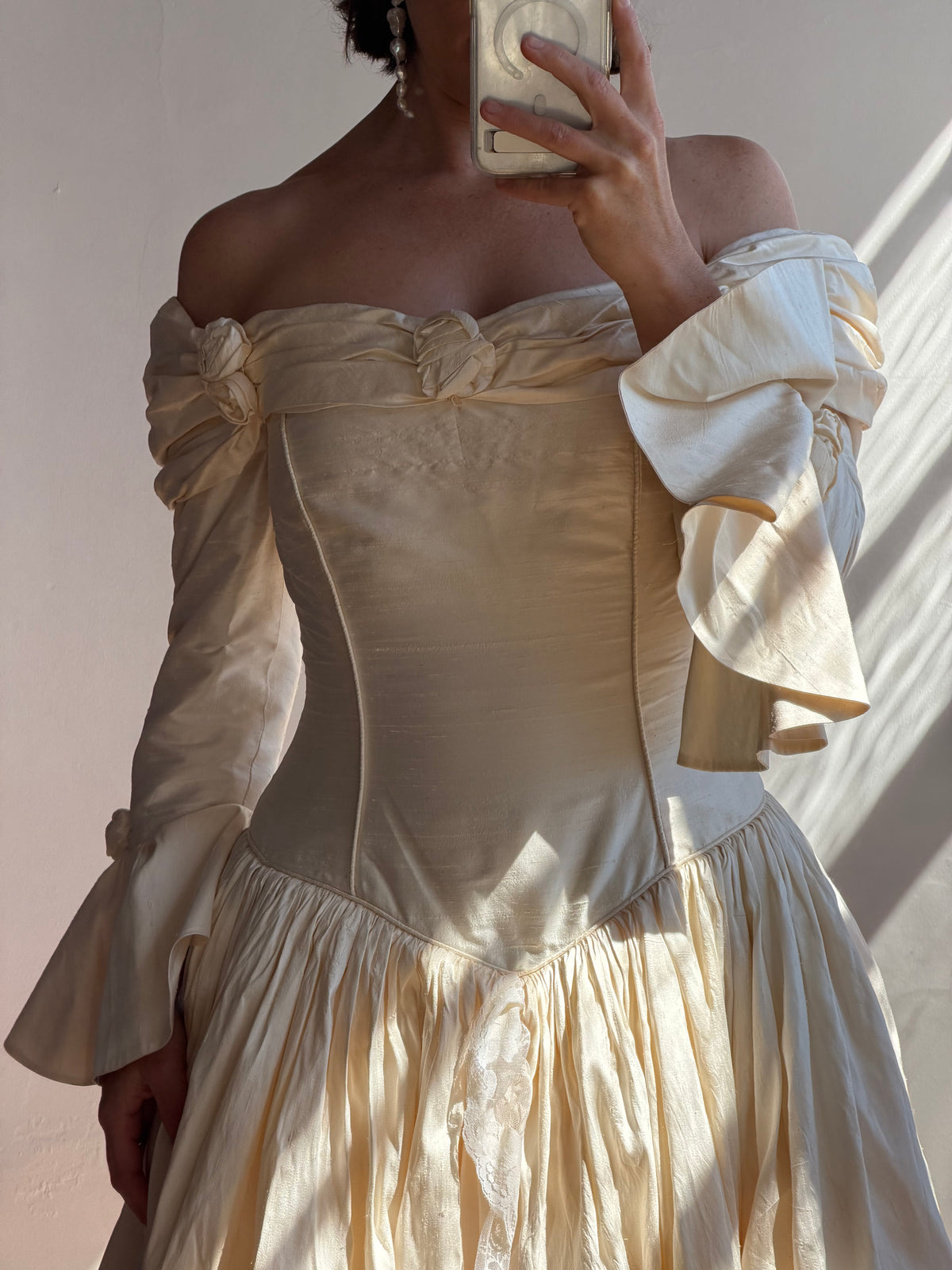 Vintage 90s Silk Dupion Off Shoulder Rosette Bridal Ballgown