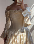 Vintage 90s Silk Dupion Off Shoulder Rosette Bridal Ballgown