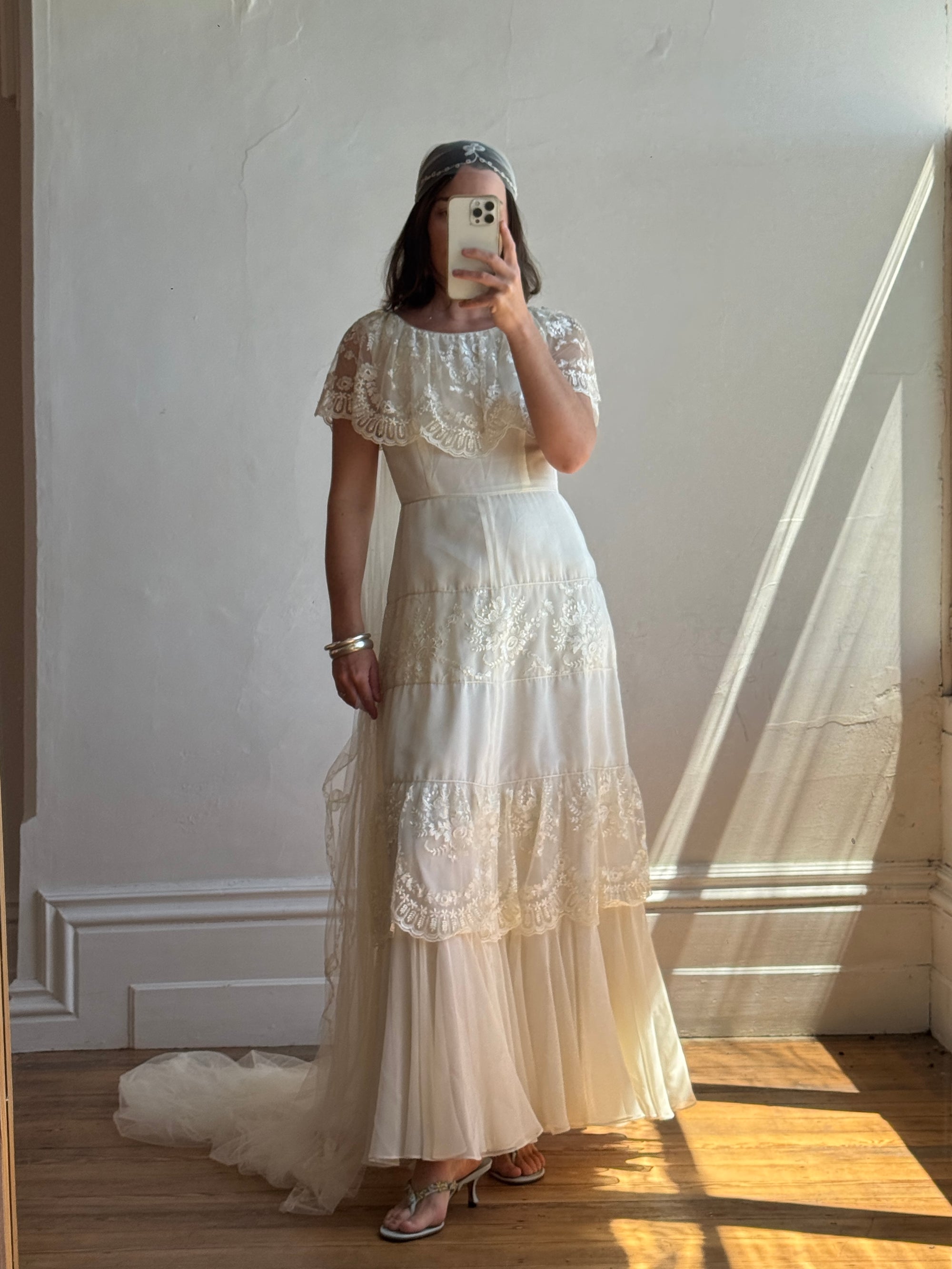 Vintage 70s Creme Tiered Lace Wedding Dress with Pleats