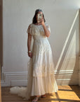 Vintage 70s Creme Tiered Lace Wedding Dress with Pleats