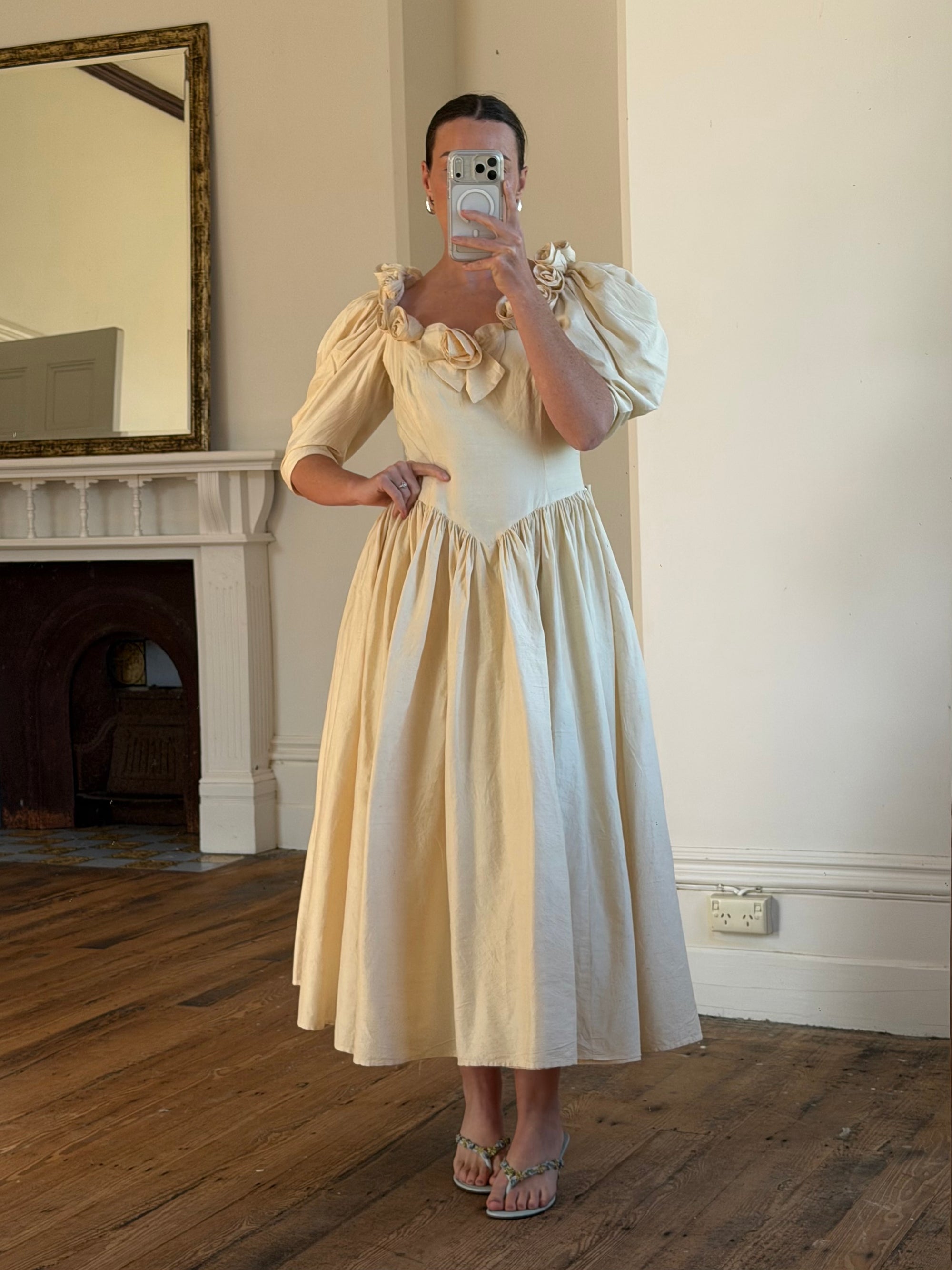 Vintage 90s Silk Dupion Rosette Bridal Midi Gown