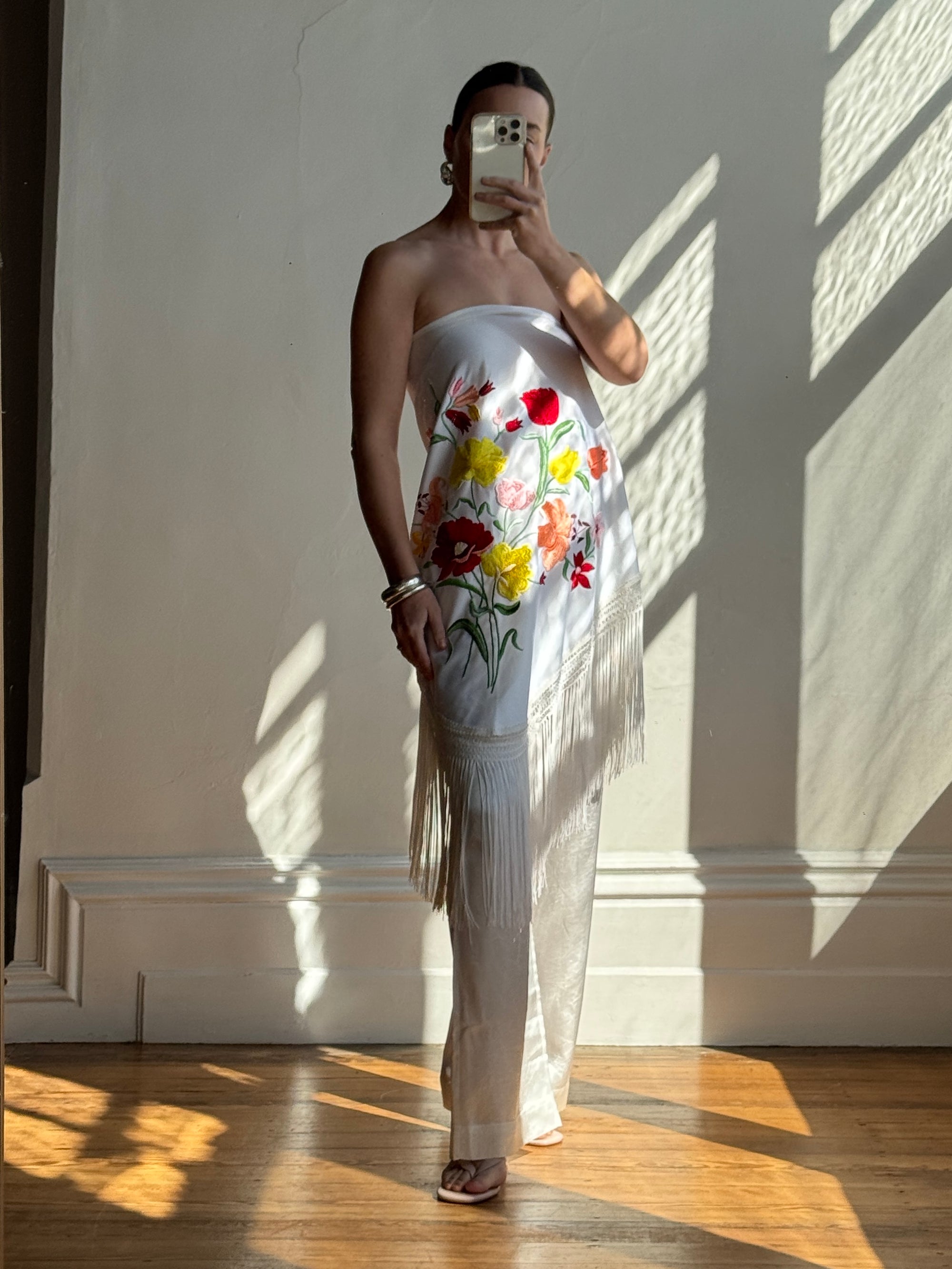 Vintage Embroidered Large Spanish Flamenco Scarf White