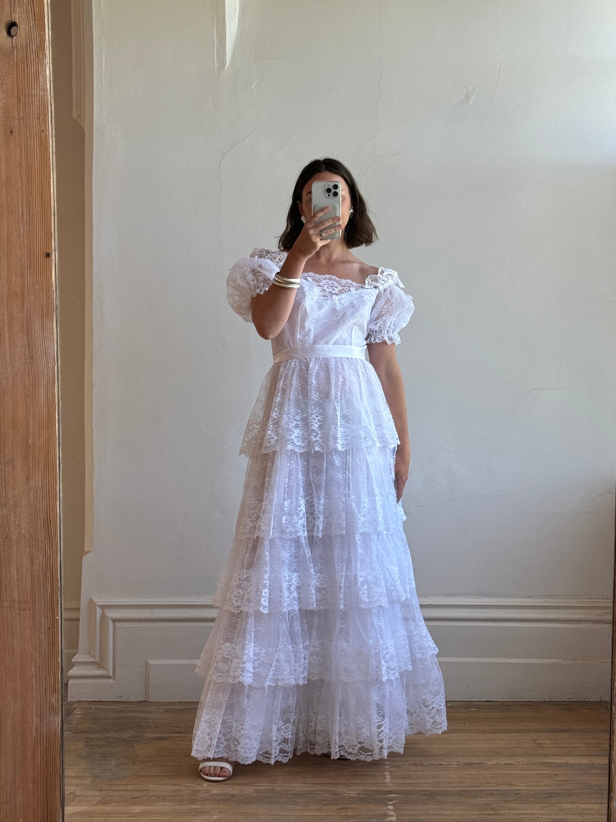 Vintage 70s Tiered Lace Wedding Dress With Ribbon