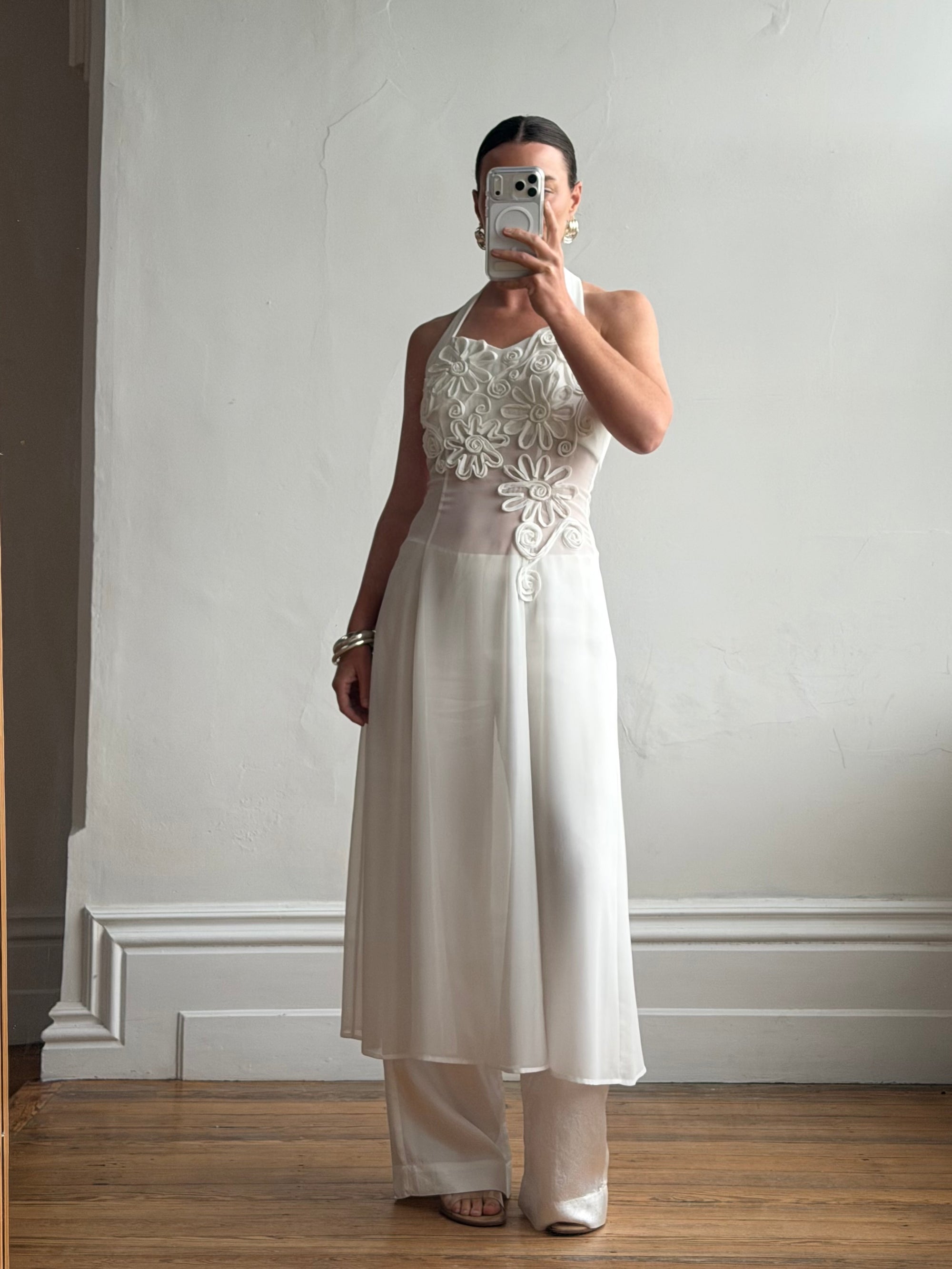 Vintage 90s Daisy Sheer Halter Midi Dress White