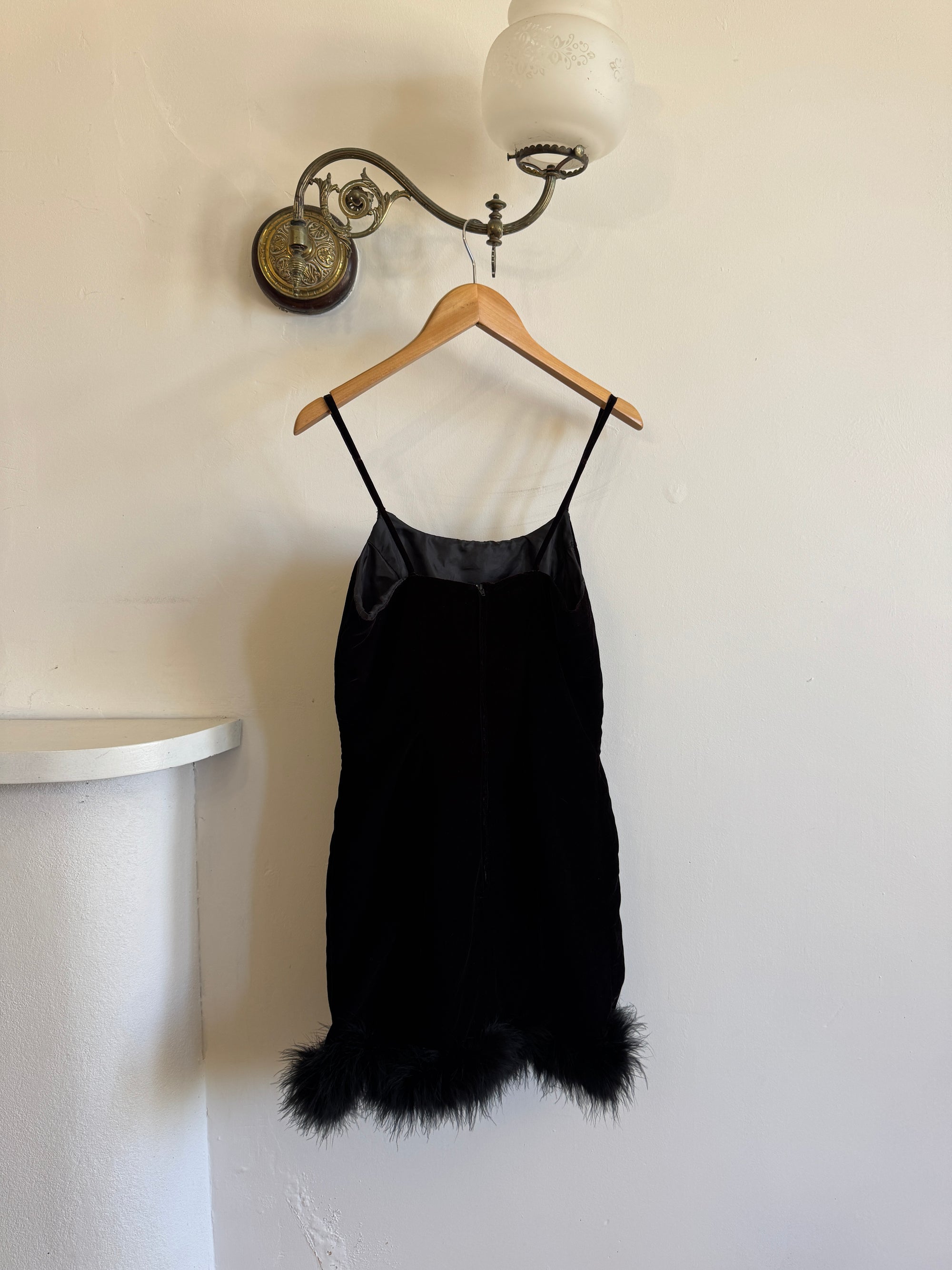 Vintage 90s Velvet Ostrich Feather Micro Mini Noir