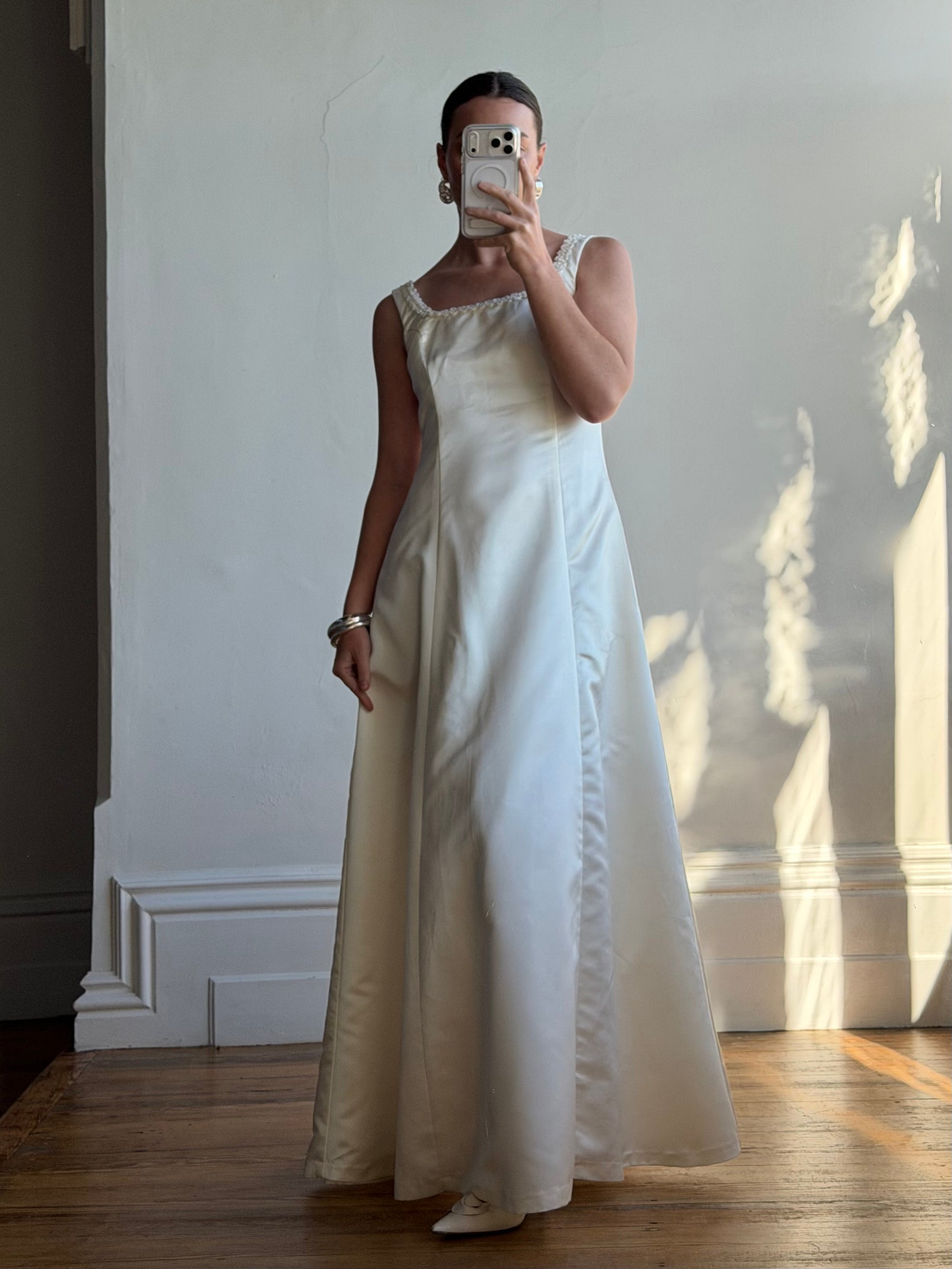 Vintage 90s Satin Rope Embroidered Slip Wedding Dress