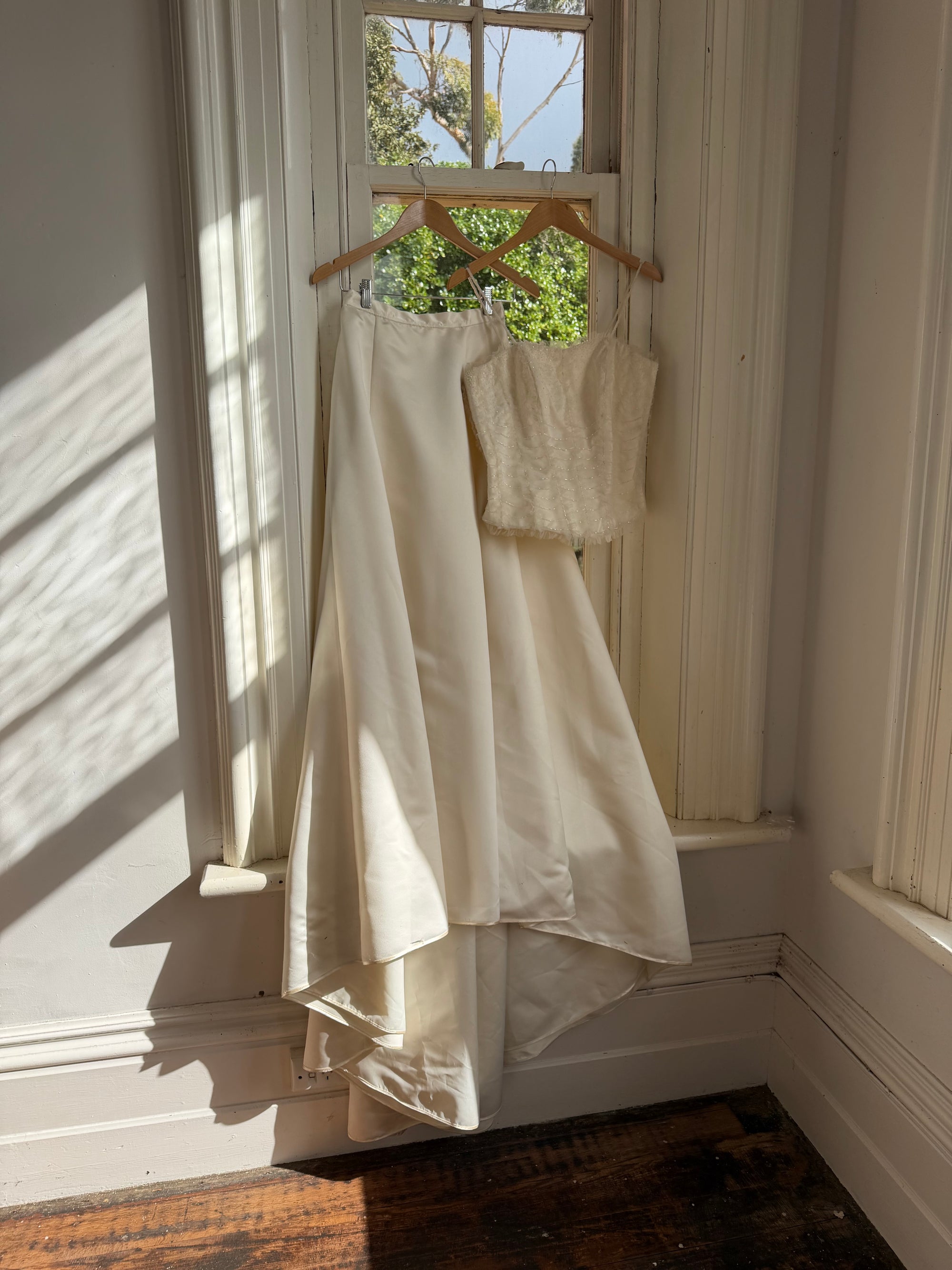 Vintage 90s Italian Bridal Fairy Tulle Embroidered Bustier and Satin Skirt