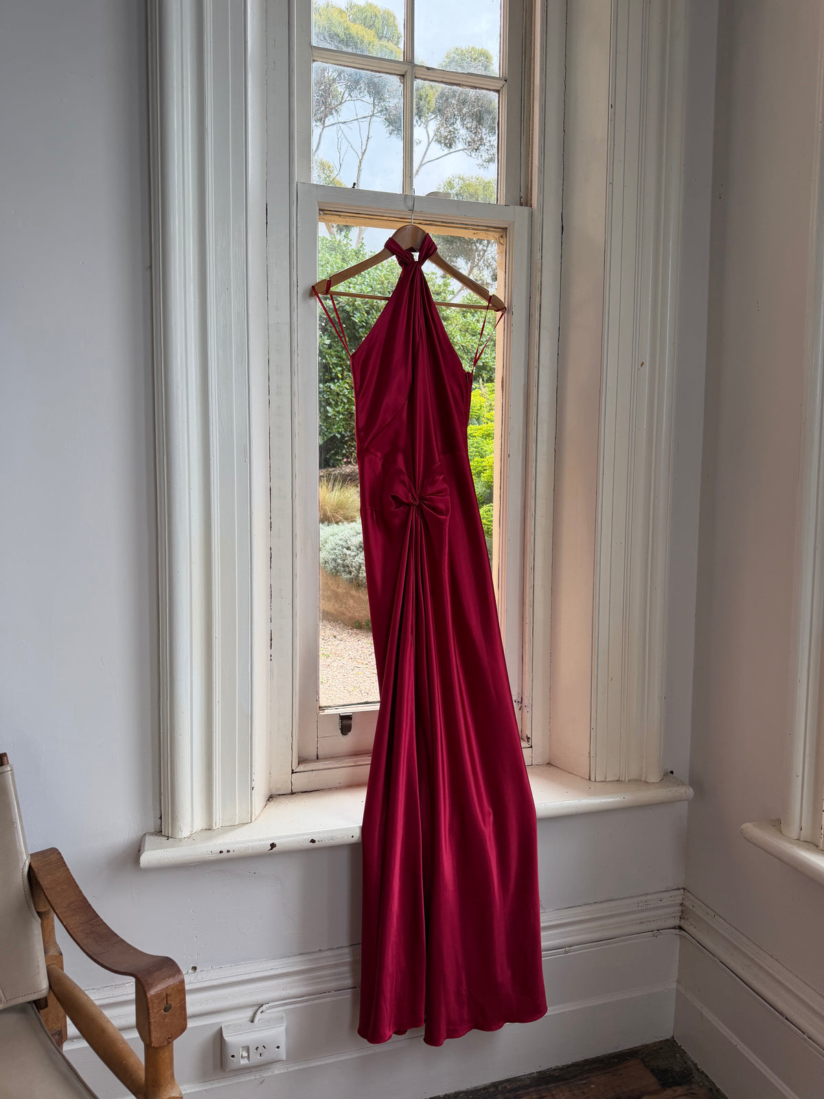 Vintage 90s Crimson Satin Ruched Bias Gown
