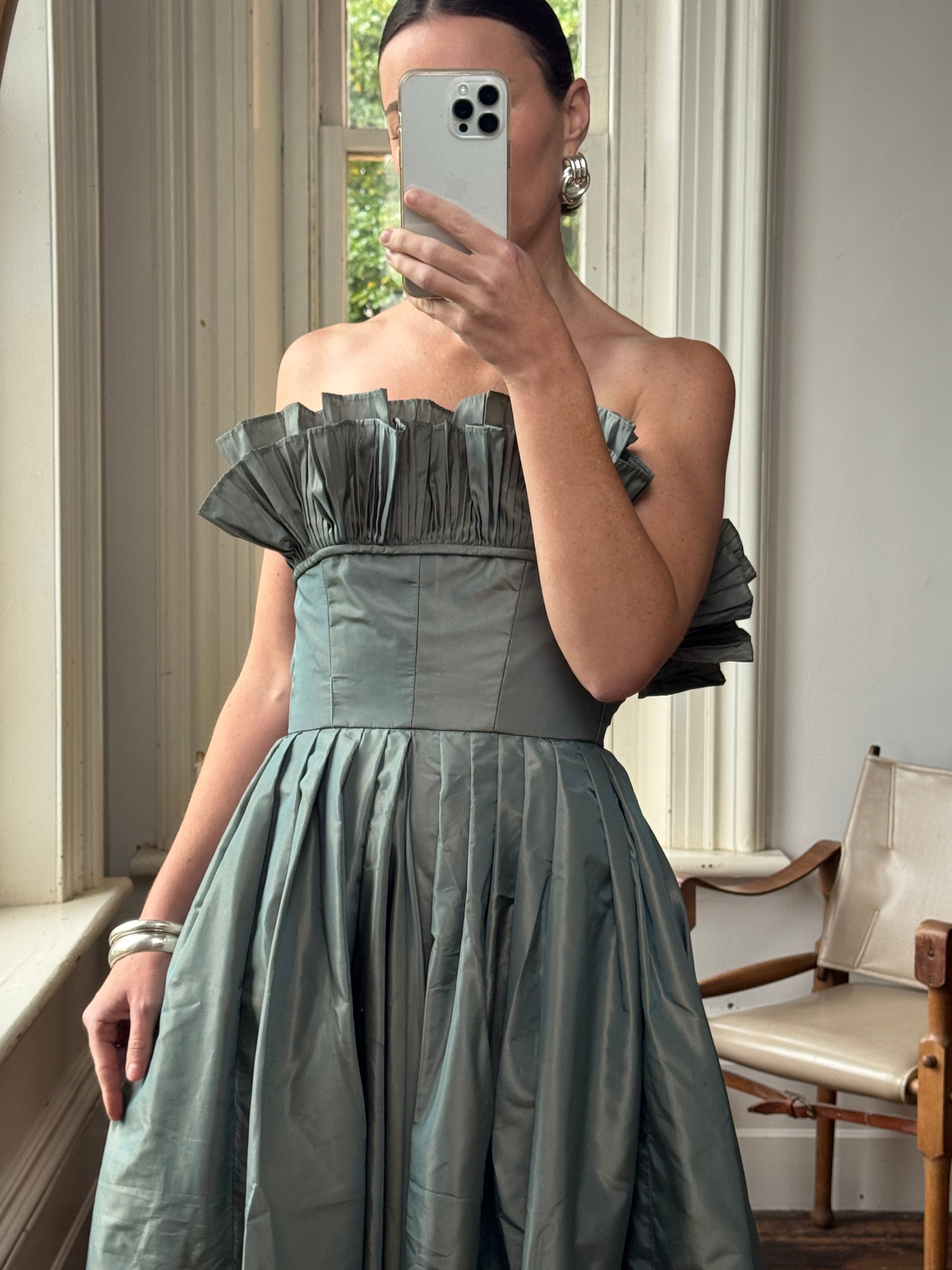 Vintage 80s Taffeta Pleated Strapless Gown Slate